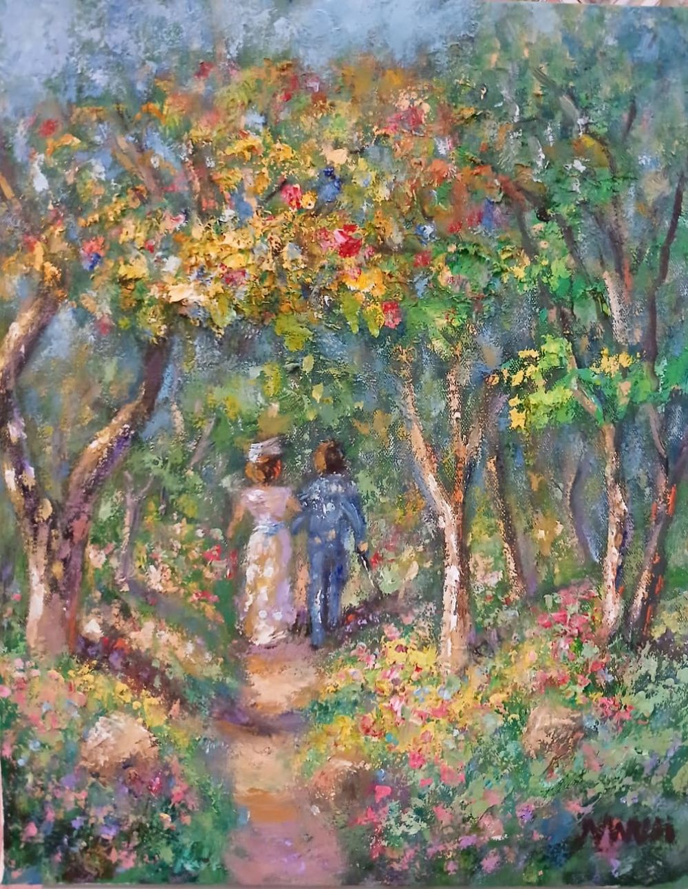 Quadro original "Casal no Jardim" — Impressionismo, Óleo sobre tela, 24 x 30 cm, pintado à mão por Marah Silva