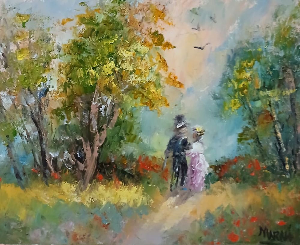 Quadro original "Casal no Campo" — Impressionismo, Óleo sobre tela, 30 x 24 cm, pintado à mão por Marah Silva