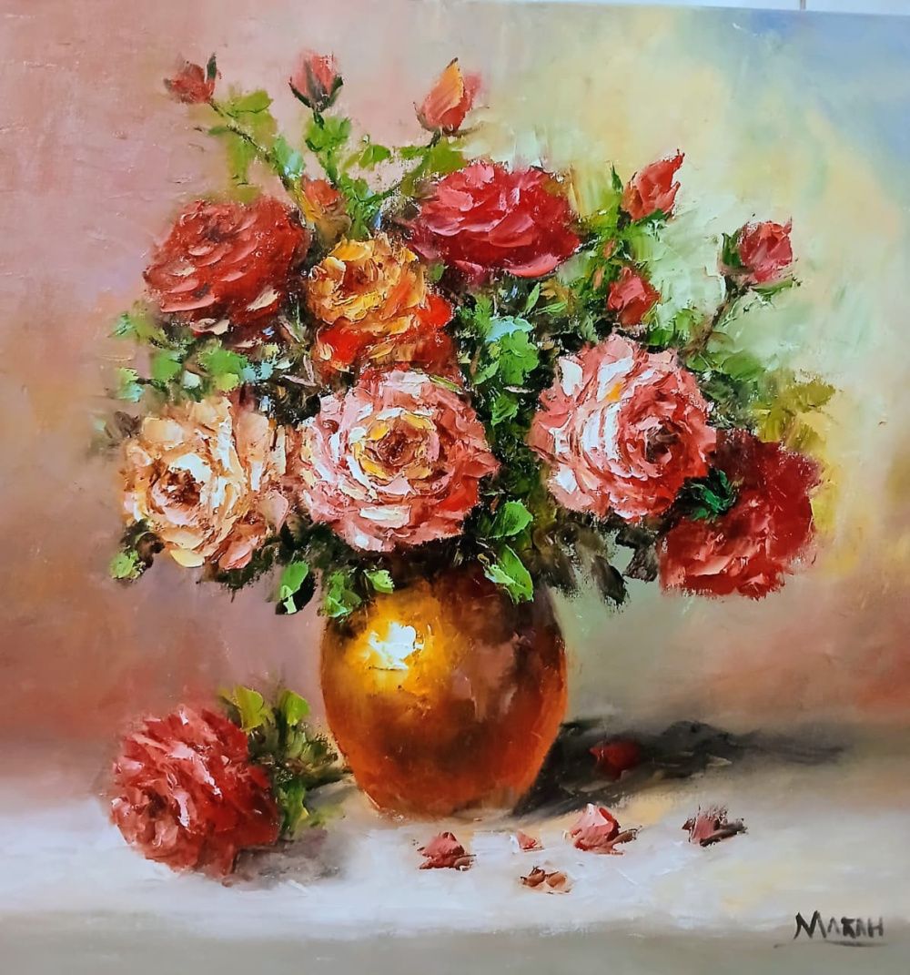 Quadro original "Rosas" — Florais, Óleo sobre tela, 40 x 40 cm, pintado à mão por Marah Silva