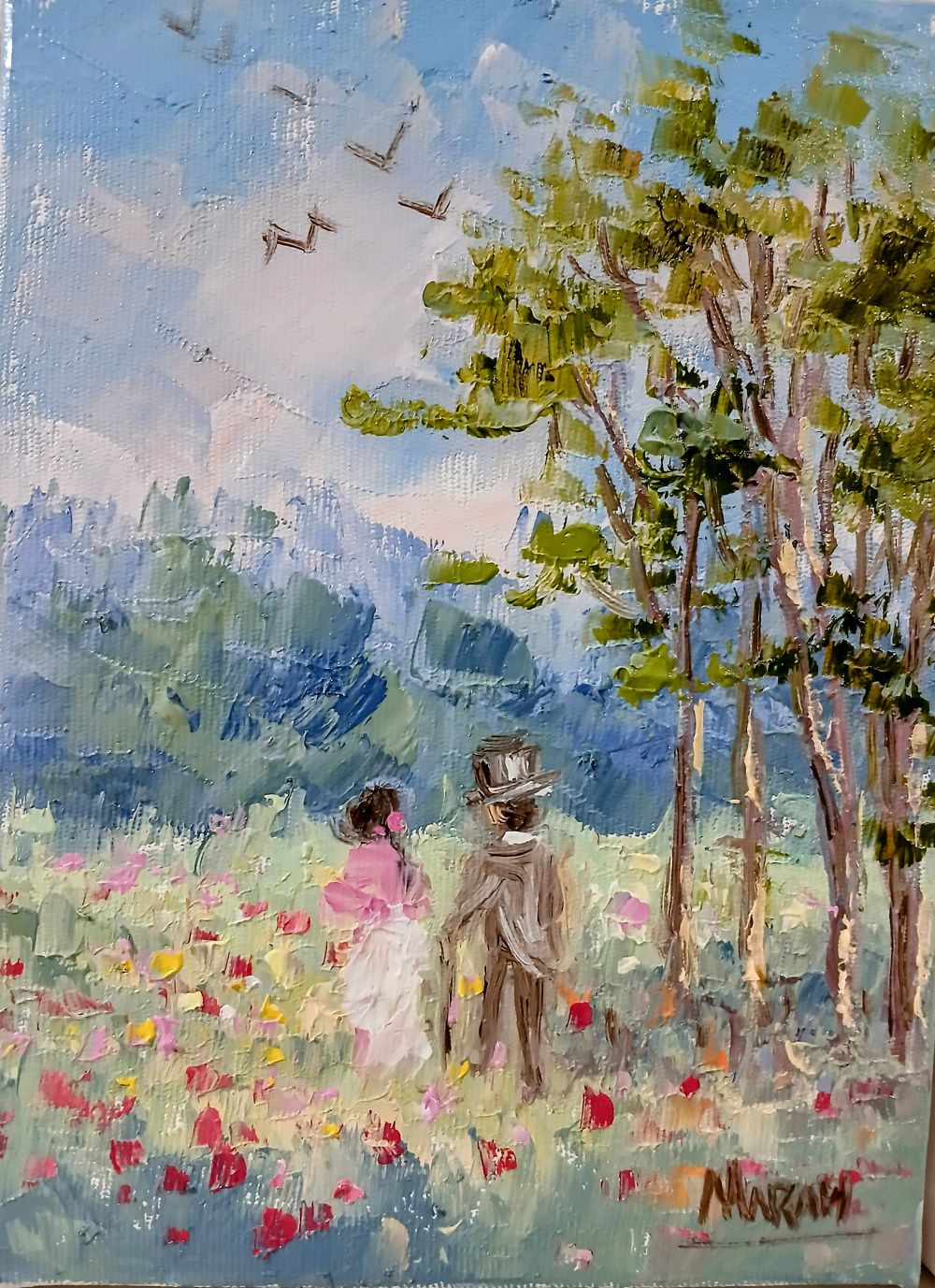Quadro original "Passeio a dois" — Impressionismo, Óleo sobre tela, 16 x 22 cm, pintado à mão por Marah Silva