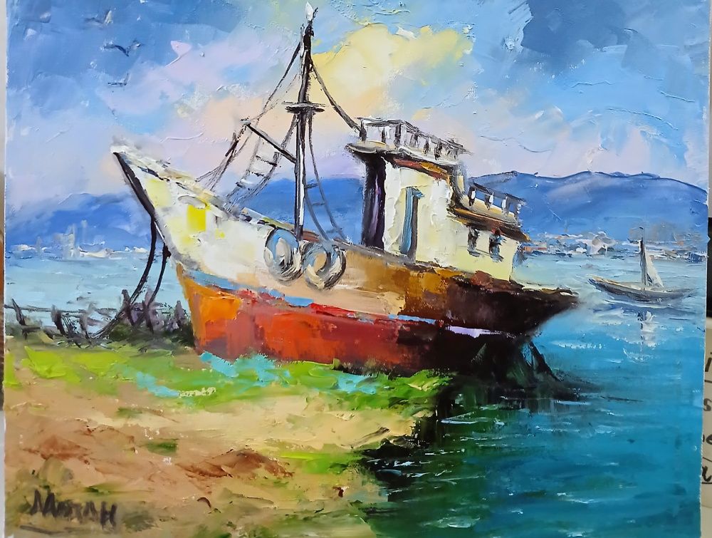 Quadro original "Memórias do Mar" — Marinhas, Óleo sobre tela, 24 x 30 cm, pintado à mão por Marah Silva