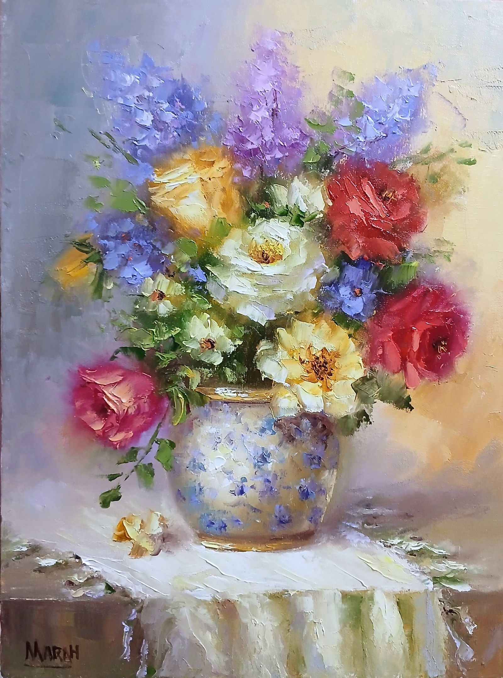 Quadro original "Florescer em Cores Alegres" — Florais, Espatulado a óleo sobre tela, 30 x 40 cm, pintado à mão por Marah Silva