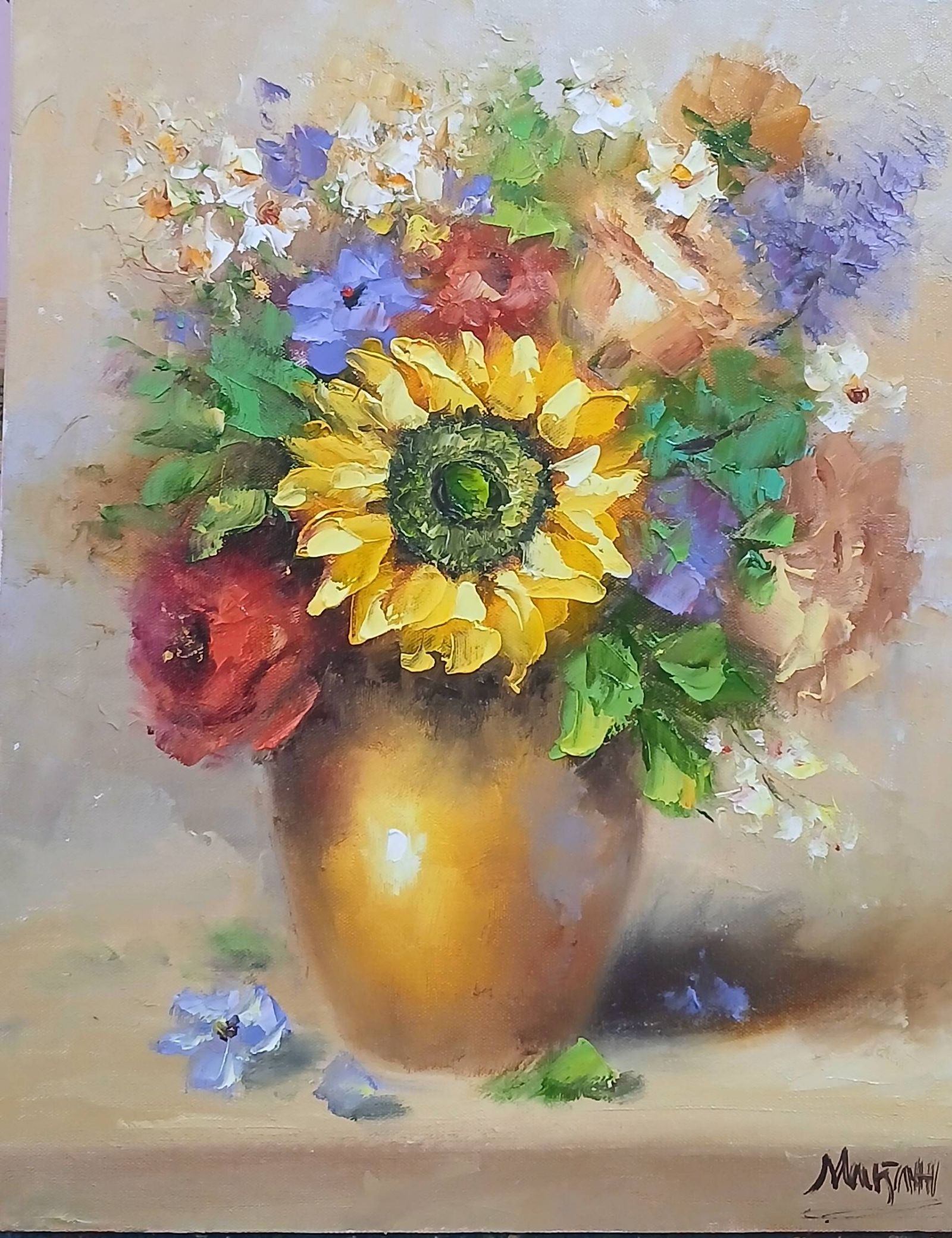 Quadro original "Ouro e Girassol Vibrante" — Florais, 24 x 30 cm, pintado à mão por Marah Silva