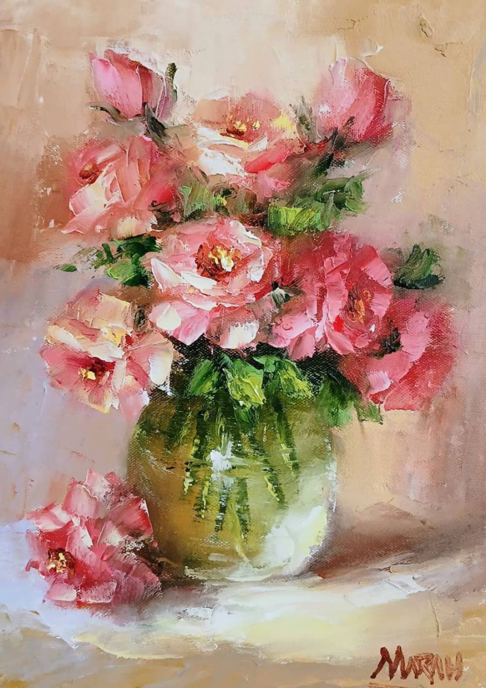 Quadro original "Doçura Rosada" — Florais, 18 x 24 cm, pintado à mão por Marah Silva