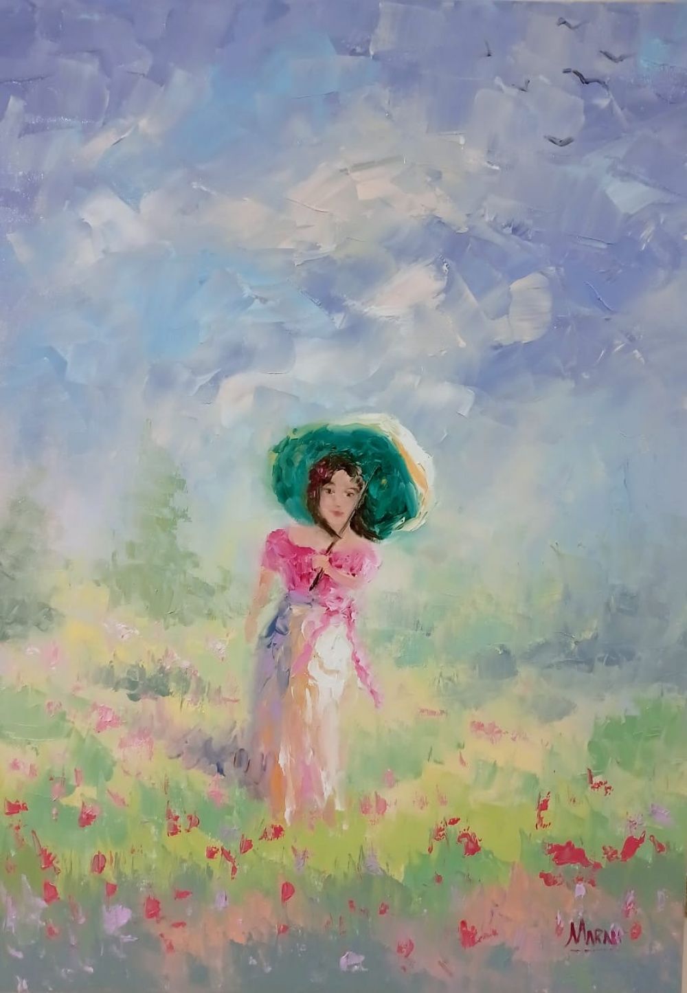 Quadro original "Moça com guarda chuva" — Impressionismo, Óleo sobre tela, 50 x 70 cm, pintado à mão por Marah Silva
