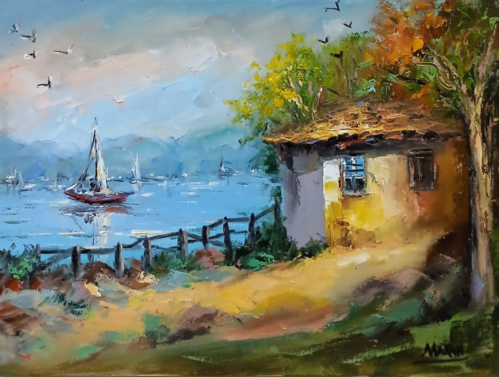 Quadro original "Refúgio à Beira-Mar" — Paisagens, Óleo sobre tela, 40 x 30 cm, pintado à mão por Marah Silva