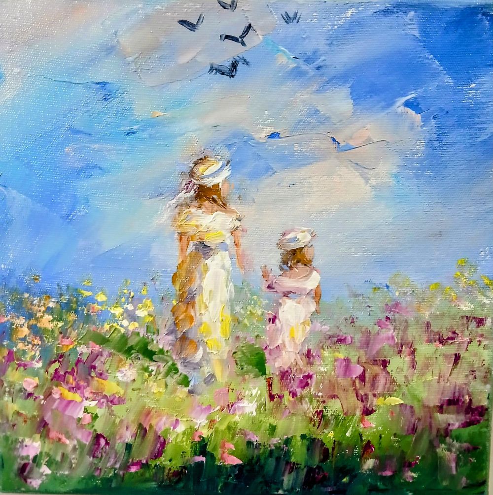 Quadro original "Flores e Liberdade" — Impressionismo, Óleo sobre tela, 20 x 20 cm, pintado à mão por Marah Silva