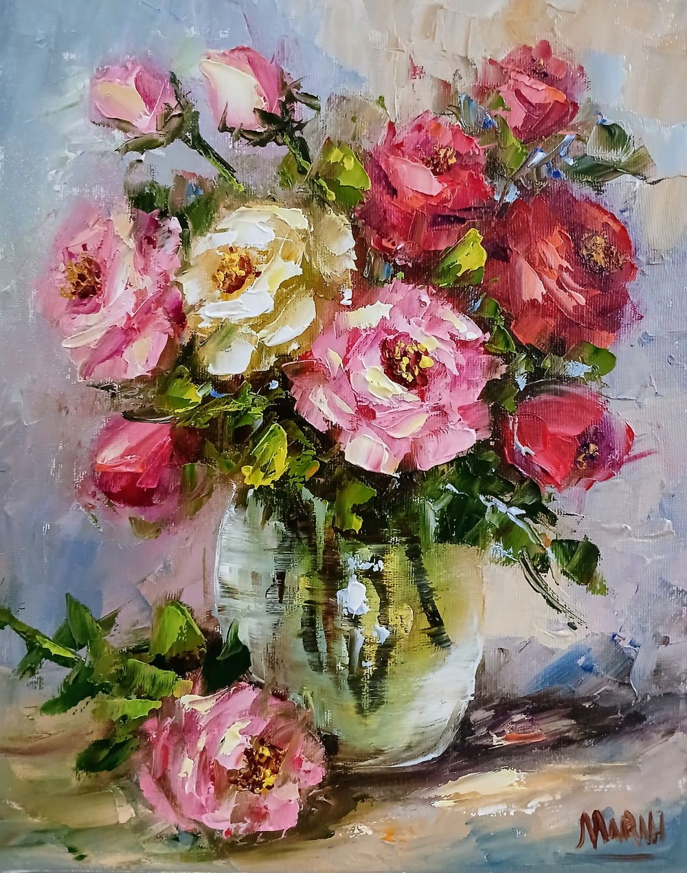 Quadro original "Rosas em Explosão" — Florais, Óleo sobre tela, 24 x 30 cm, pintado à mão por Marah Silva