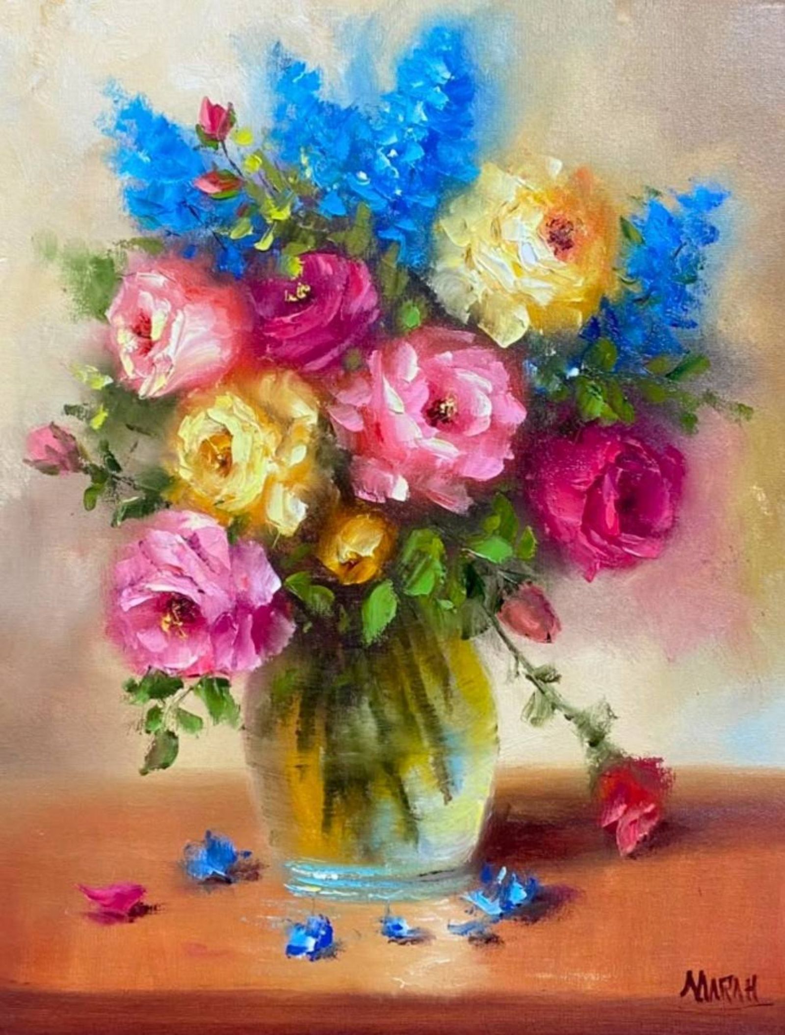Quadro original "Jardim de Delicadezas Vibrantes" — Florais, Espatulado a óleo sobre tela, 30 x 40 cm, pintado à mão por Marah Silva
