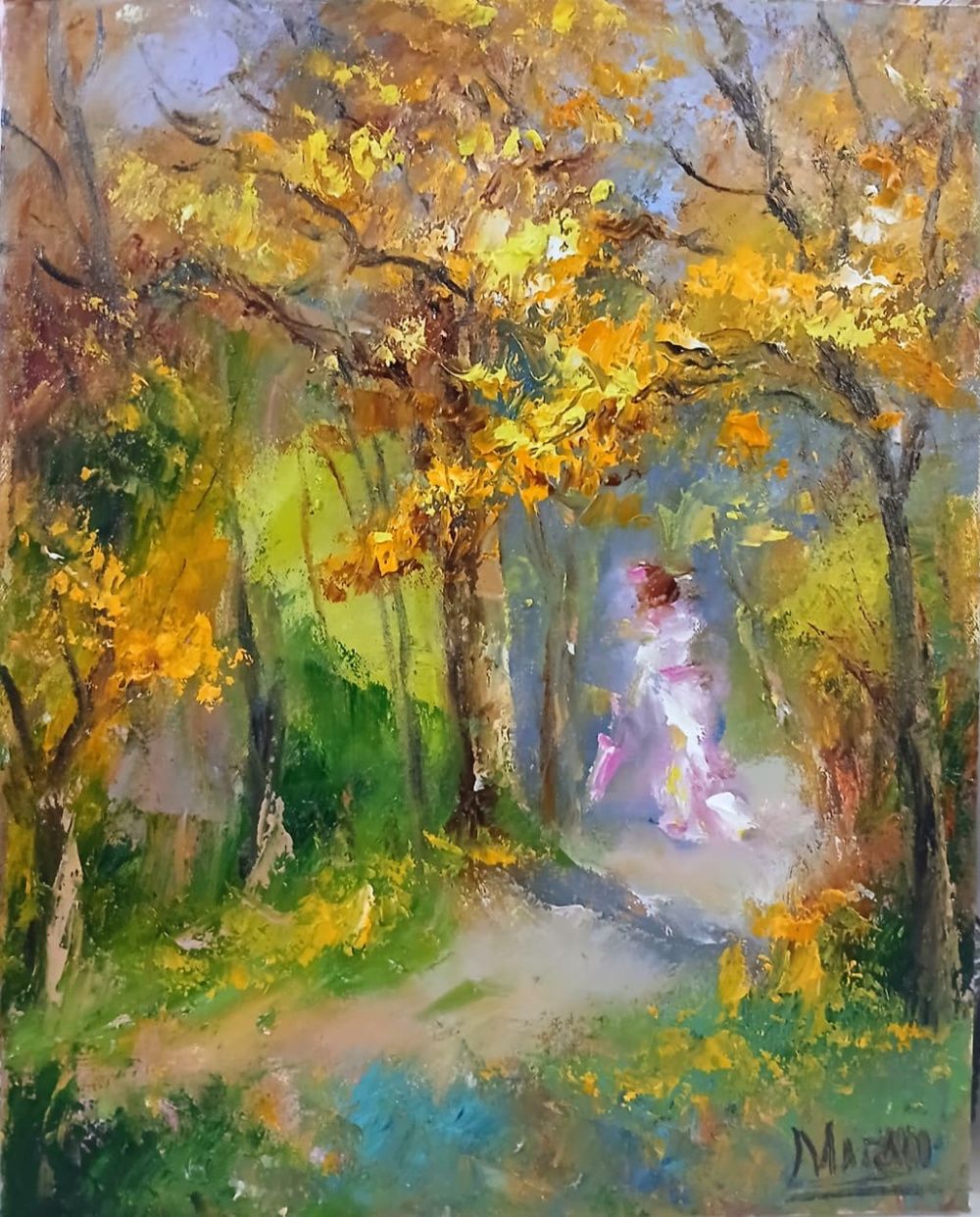 Quadro original "Mulher no Bosque" — Impressionismo, Óleo sobre tela, 24 x 30 cm, pintado à mão por Marah Silva