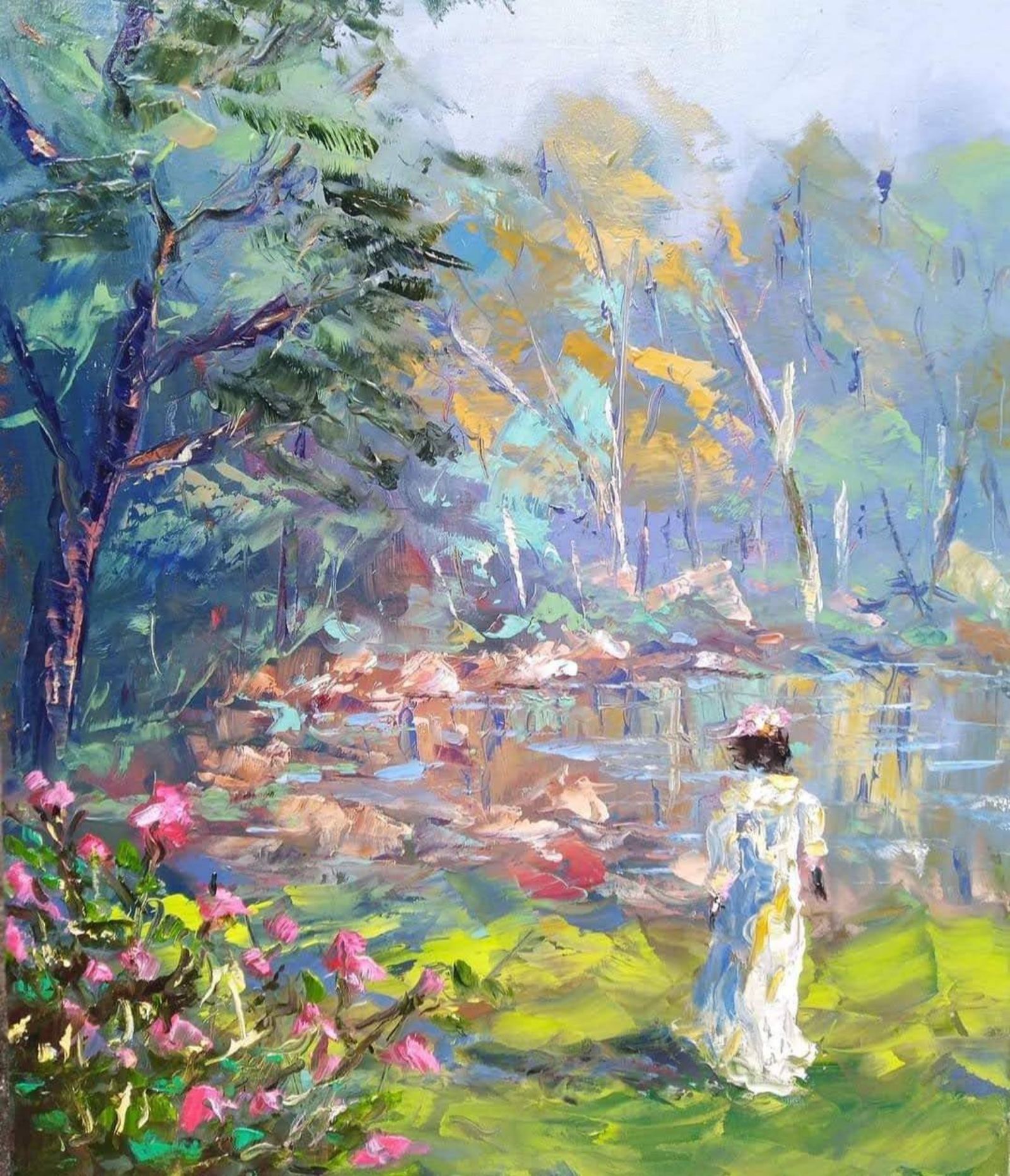 Quadro original "Sussurros no Riacho" — Impressionismo, Técnica espatulada a óleo sobre tela, 50 x 70 cm, pintado à mão por Marah Silva