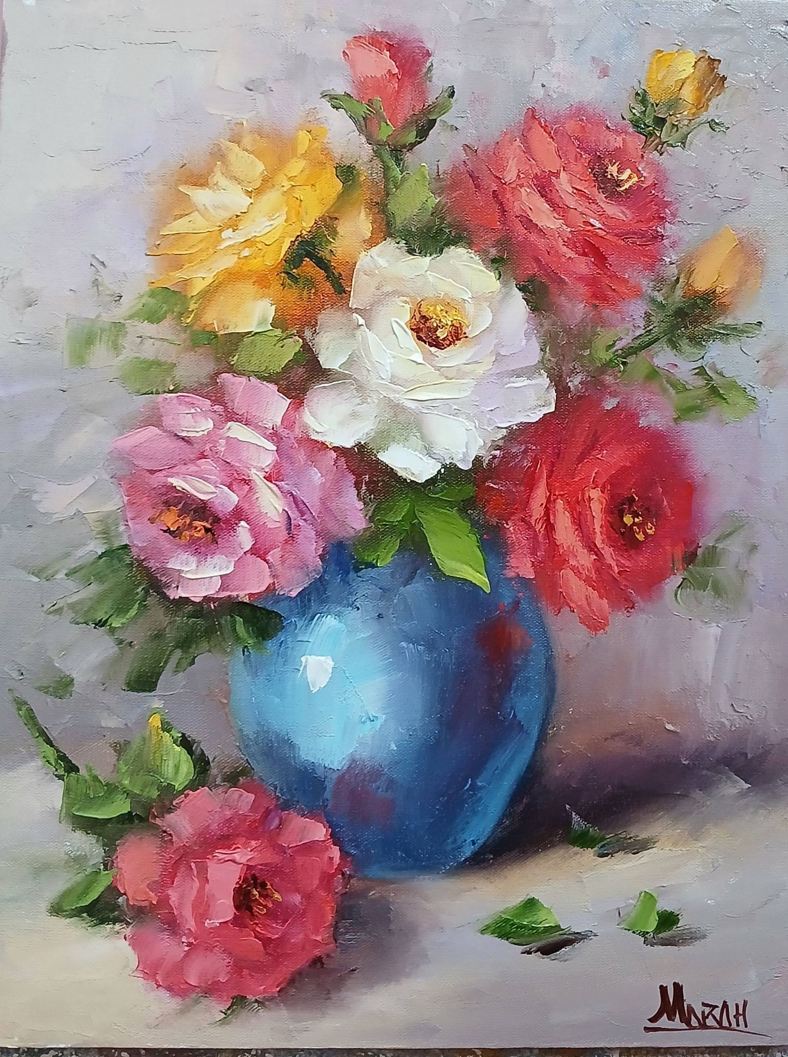 Quadro original "Rosas em Vaso Celeste" — Florais, Espatulado a óleo sobre tela, 24 x 30 cm, pintado à mão por Marah Silva