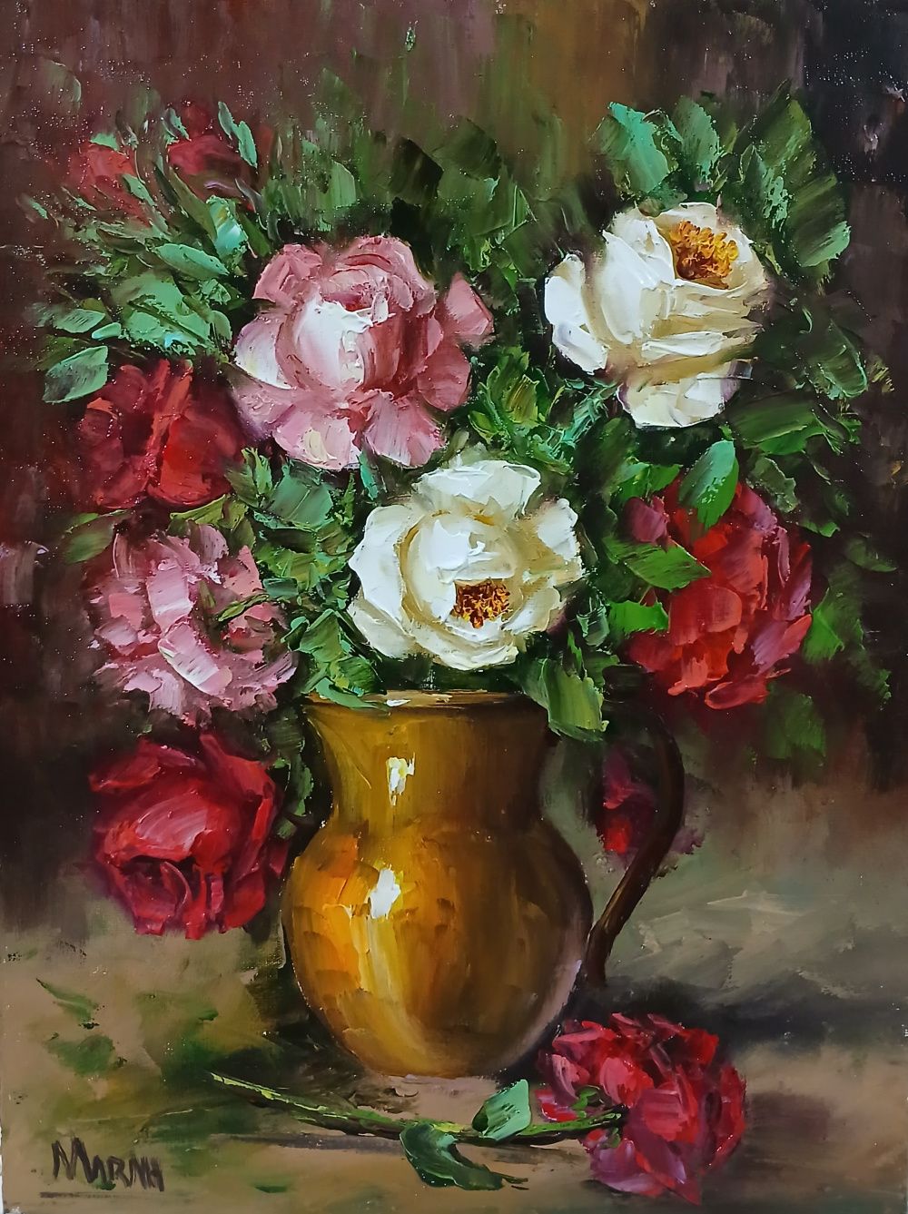 Quadro original "Jarro de Rosas" — Florais, Óleo sobre tela, 30 x 40 cm, pintado à mão por Marah Silva