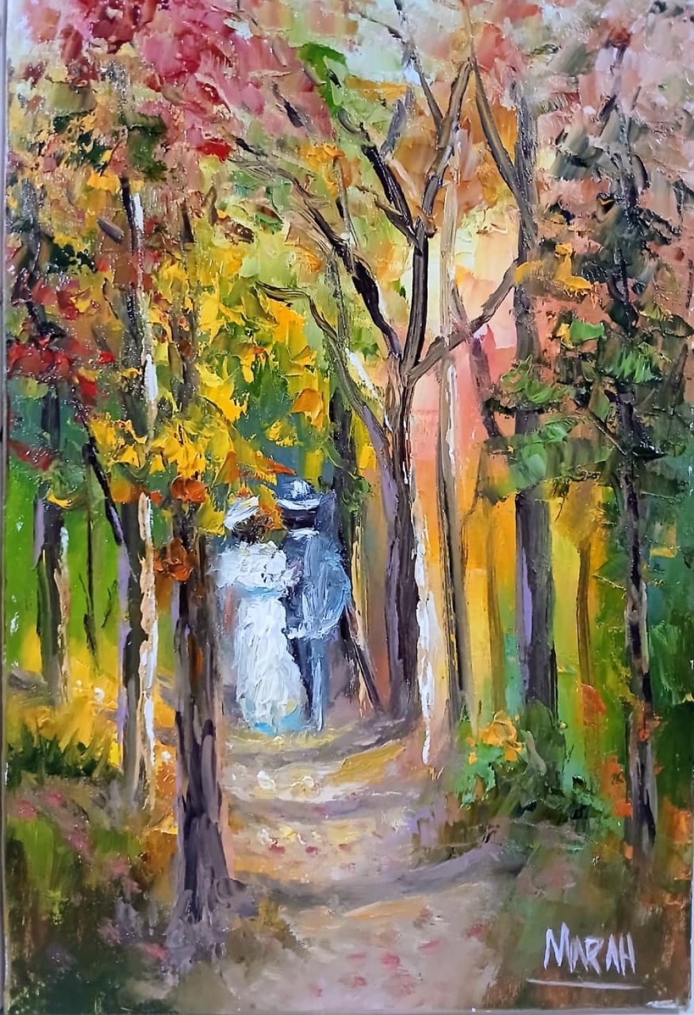 Quadro original "Encontro no Bosque" — Impressionismo, Óleo sobre tela, 20 x 30 cm, pintado à mão por Marah Silva
