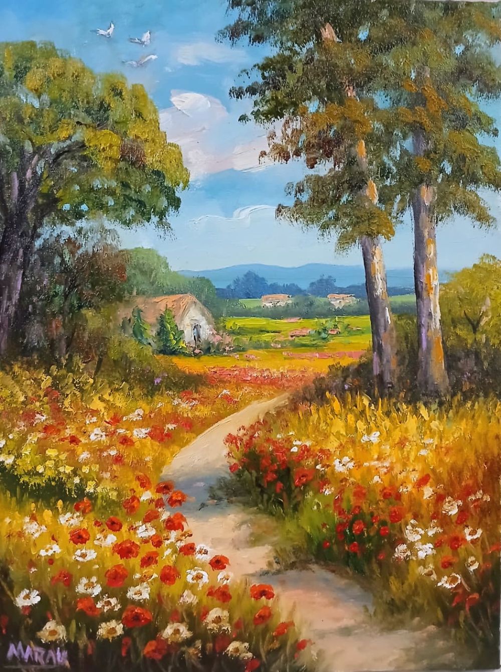 Quadro original "Caminho Entre Papoulas" — Paisagens, Óleo sobre tela, 30 x 40 cm, pintado à mão por Marah Silva