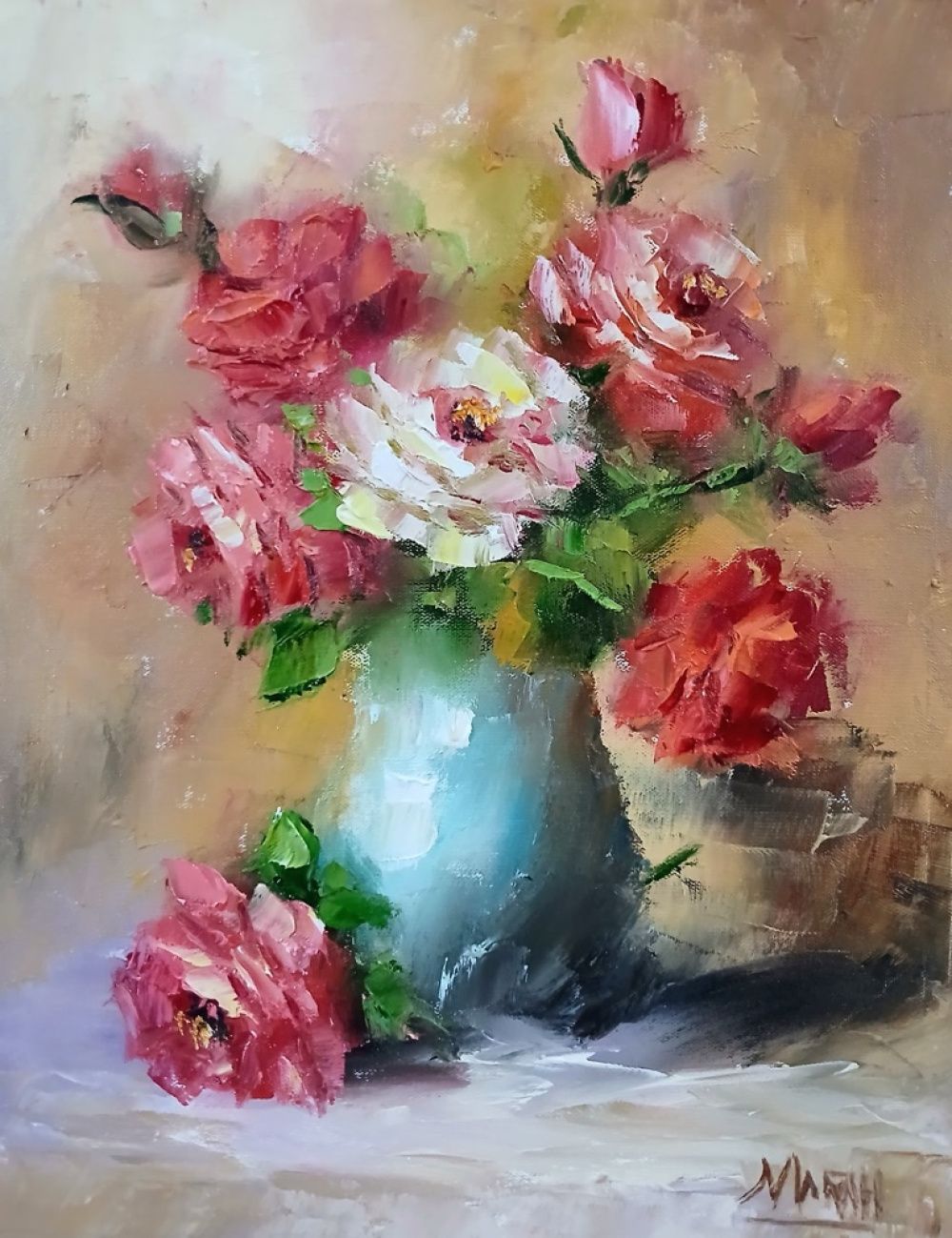 Quadro original "Rosas em Brilho Suave" — Florais, Óleo sobre tela, 24 x 30 cm, pintado à mão por Marah Silva