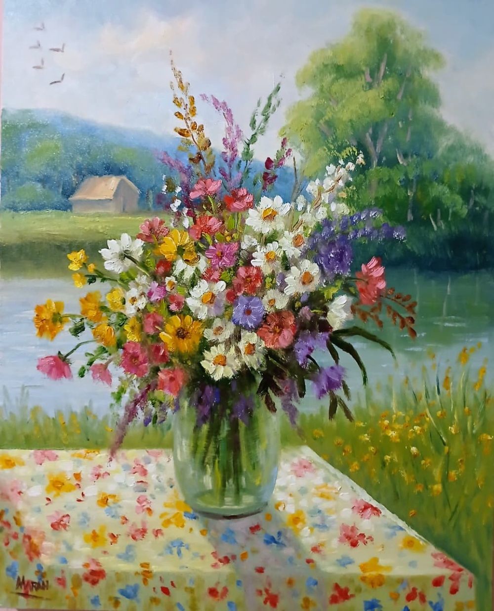 Quadro original "Flores ao Rio" — Florais, Óleo sobre tela, 40 x 50 cm, pintado à mão por Marah Silva