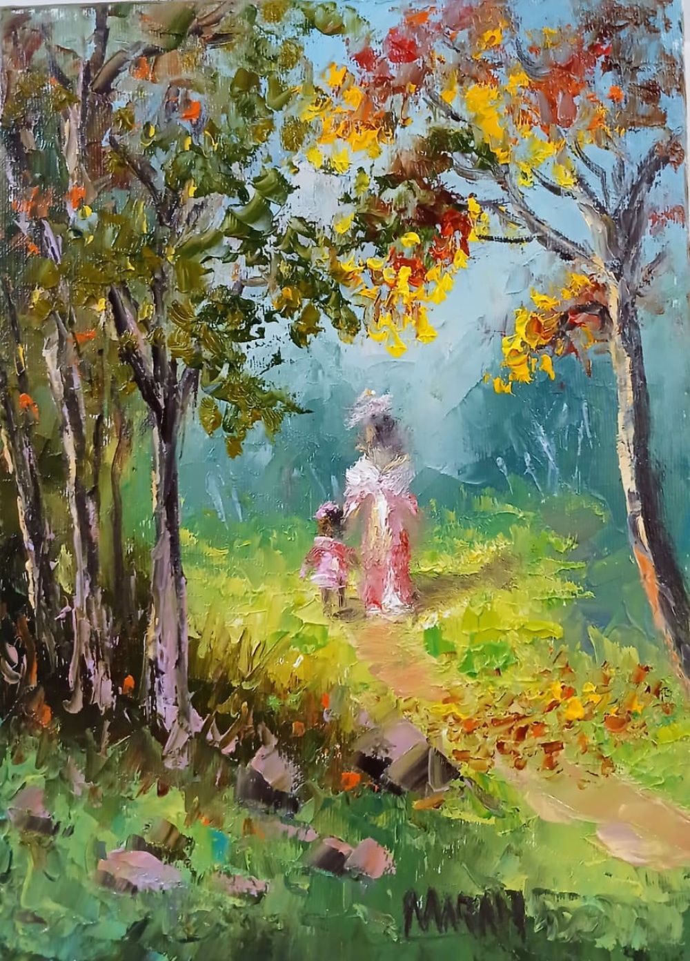 Quadro original "Caminho de Luz" — Impressionismo, Óleo sobre tela, 18 x 24 cm, pintado à mão por Marah Silva