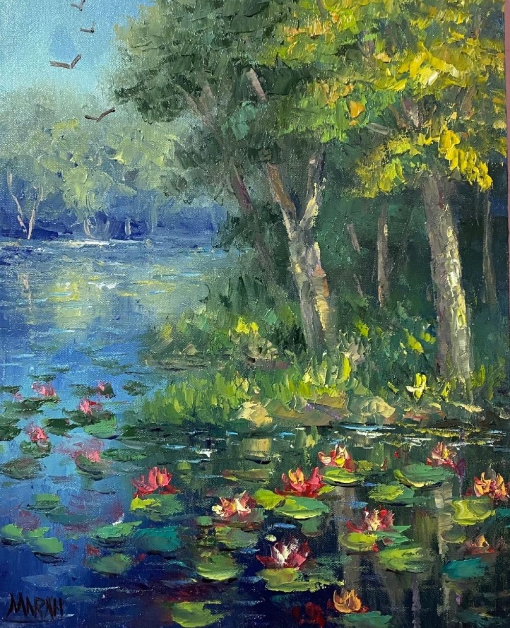Quadro original "Manhã em Aguapé" — Paisagens, Óleo sobre tela, 24 x 30 cm, pintado à mão por Marah Silva