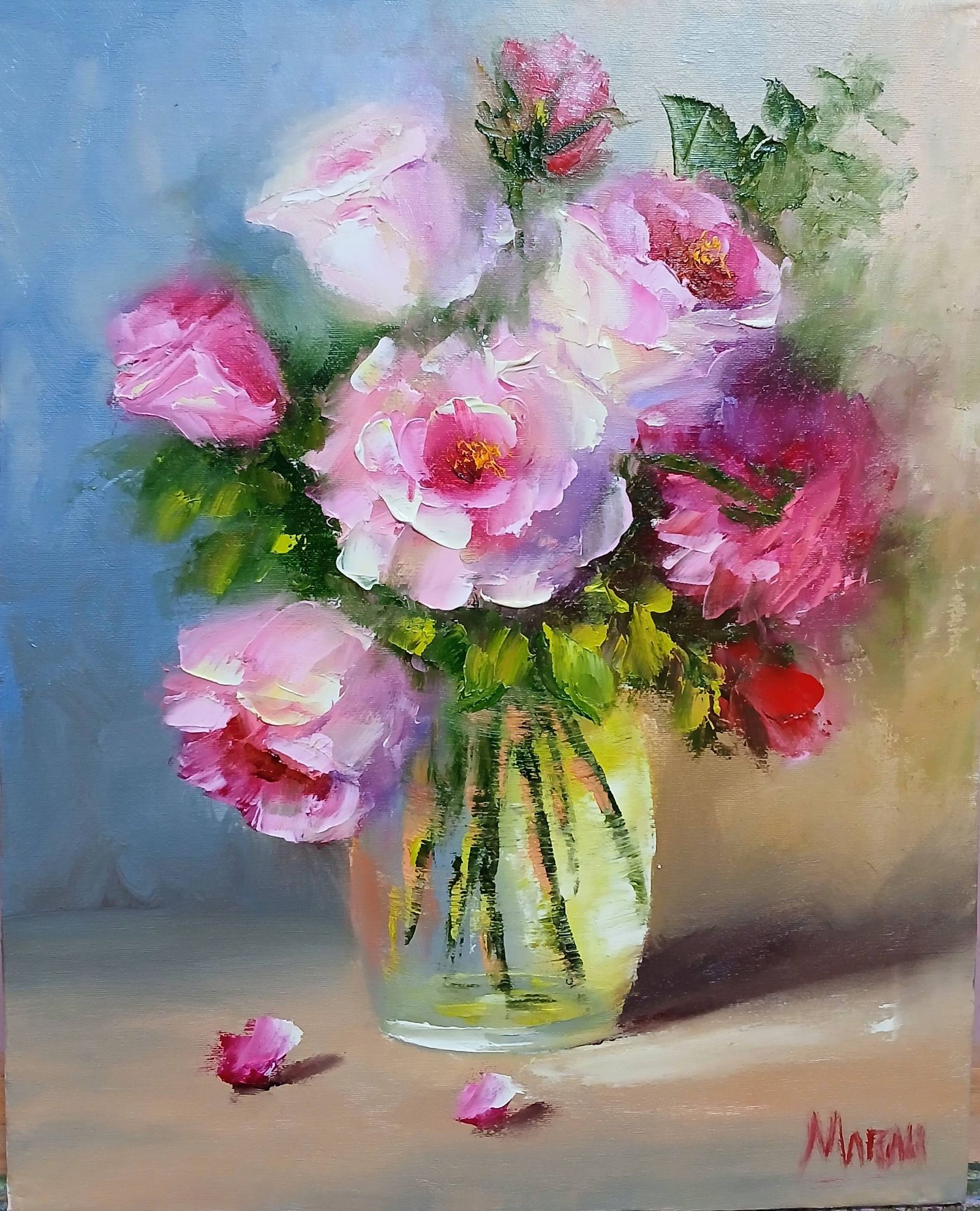 Quadro original "Alegria em Tons Rosados" — Florais, Técnica espatulada a óleo, 24 x 30 cm, pintado à mão por Marah Silva