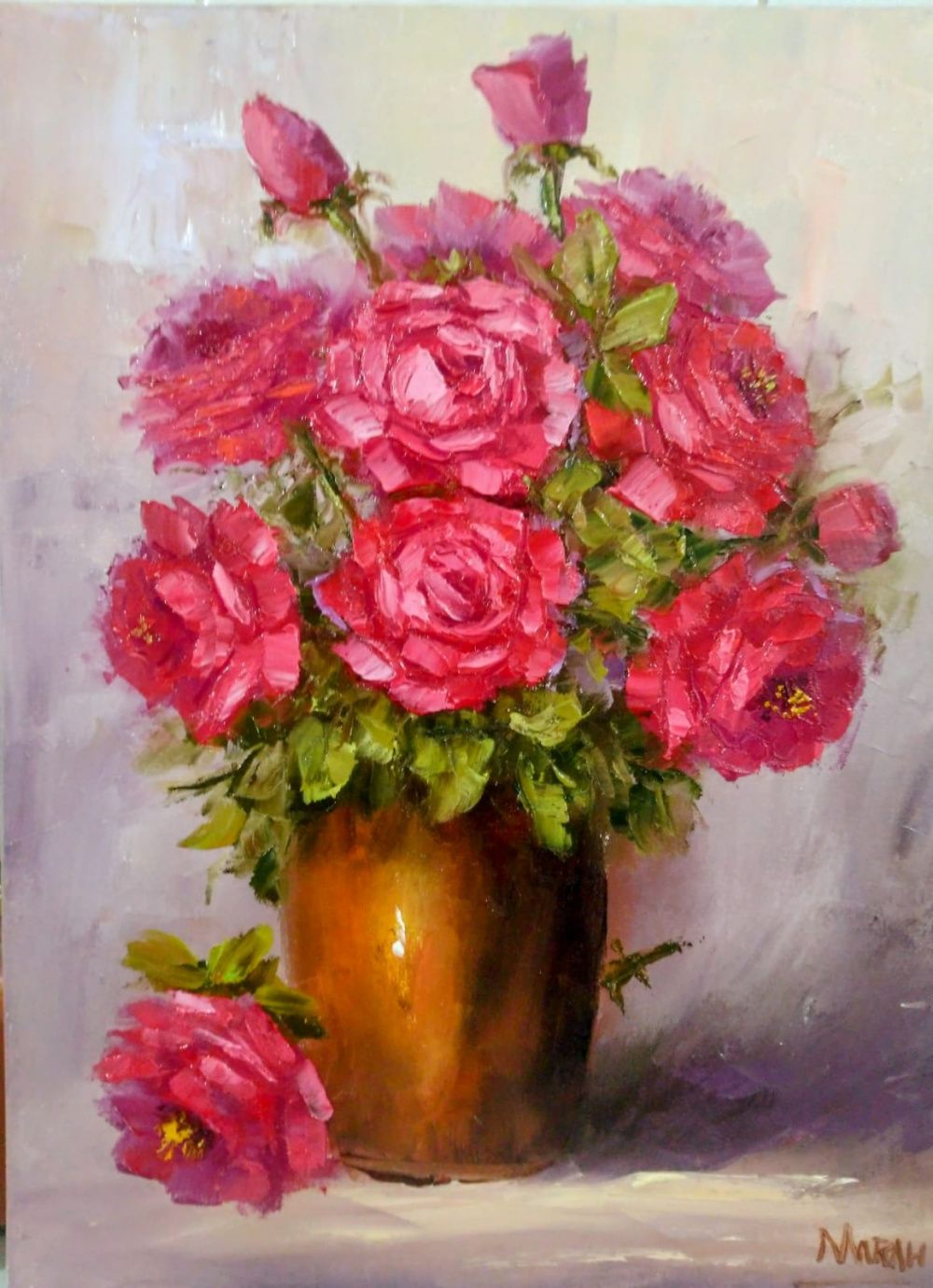 Quadro original "Rosas em um vaso de metal" — Florais, Óleo sobre tela, 30 x 40 cm, pintado à mão por Marah Silva