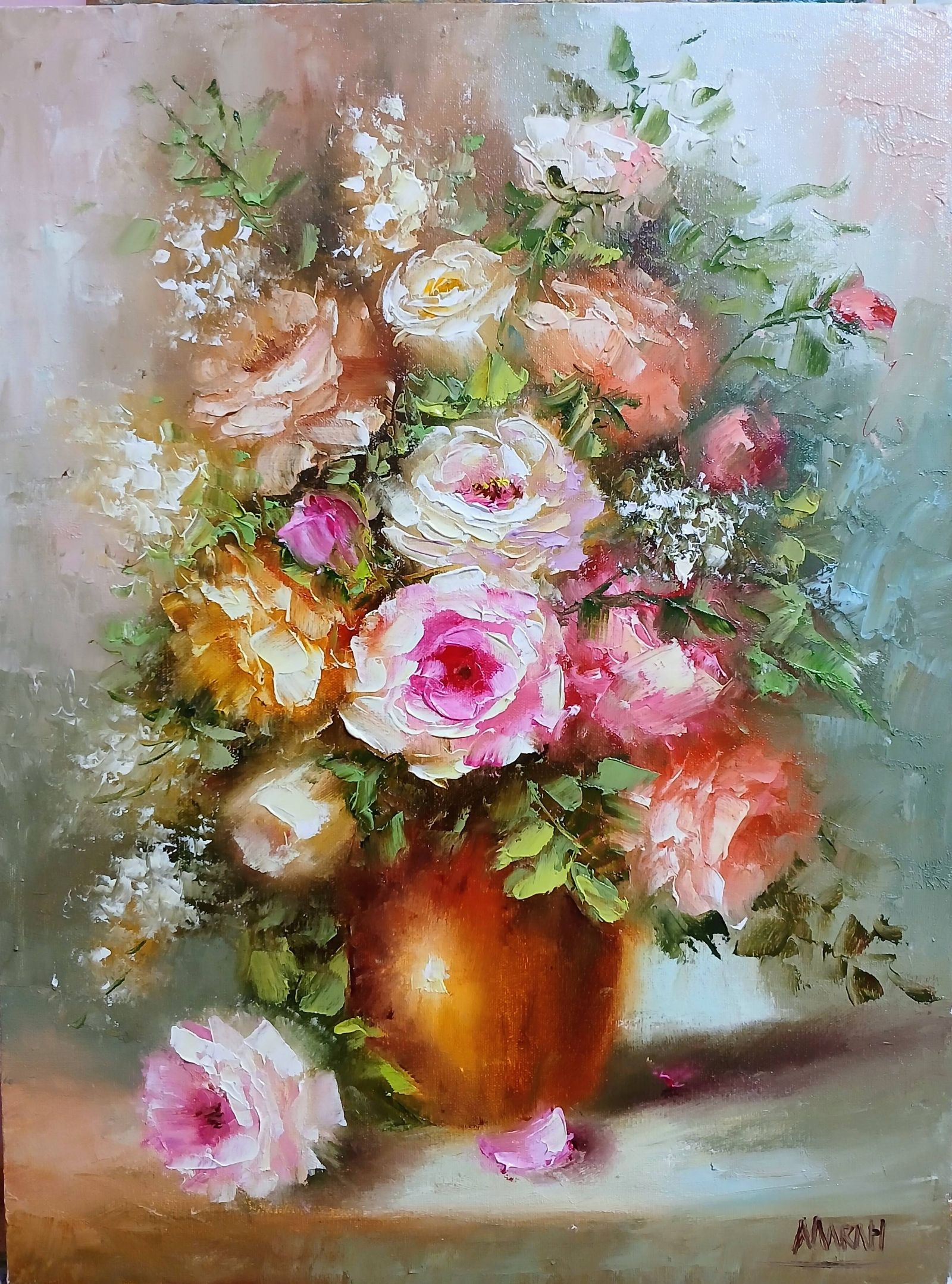 Quadro original "Florescer em Tons Suaves" — Florais, Espatulado a óleo sobre tela, 30 x 40 cm, pintado à mão por Marah Silva
