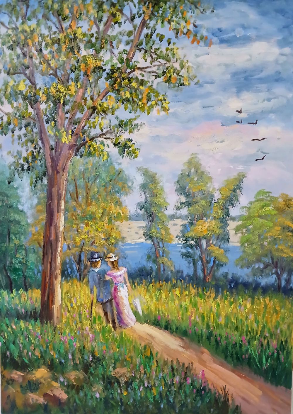 Quadro original "Tarde de Primavera" — Impressionismo, Óleo sobre tela, 50 x 70 cm, pintado à mão por Marah Silva