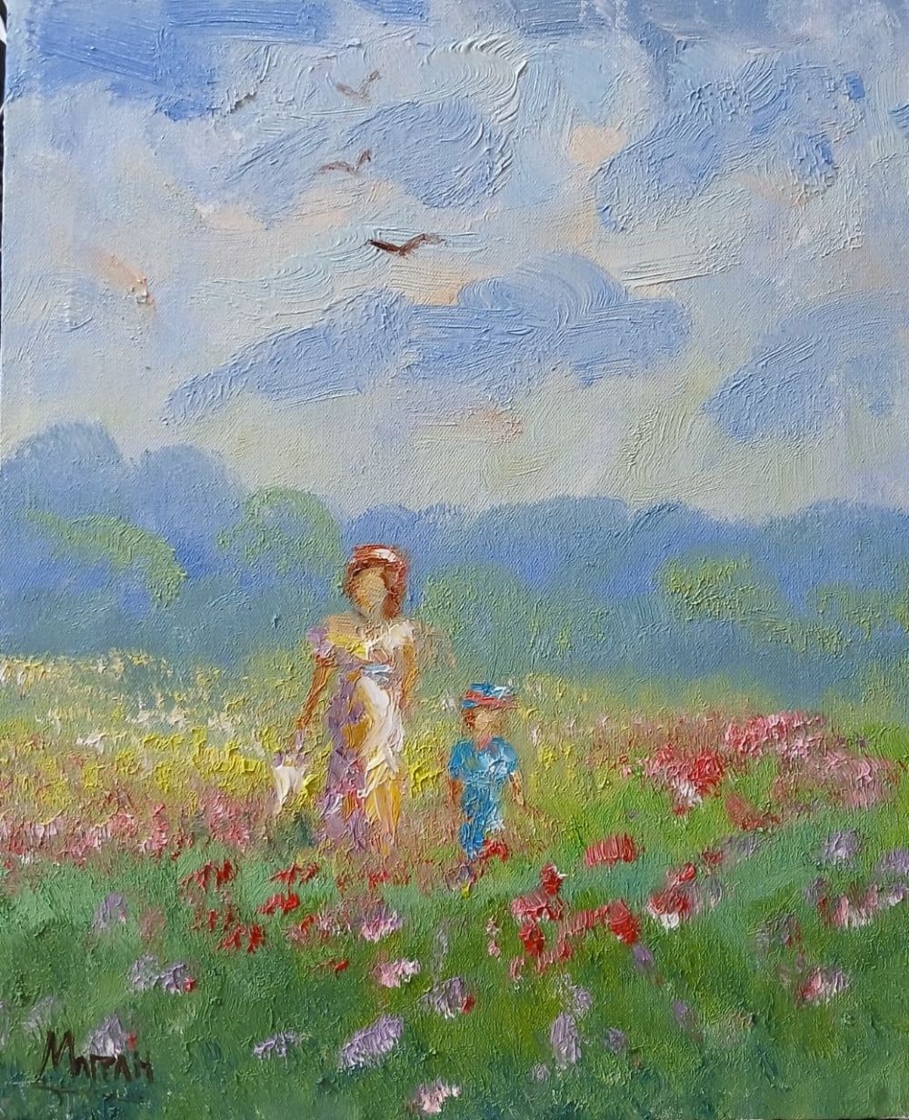 Quadro original "Florescer e Caminhar" — Impressionismo, Óleo sobre tela, 24 x 30 cm, pintado à mão por Marah Silva