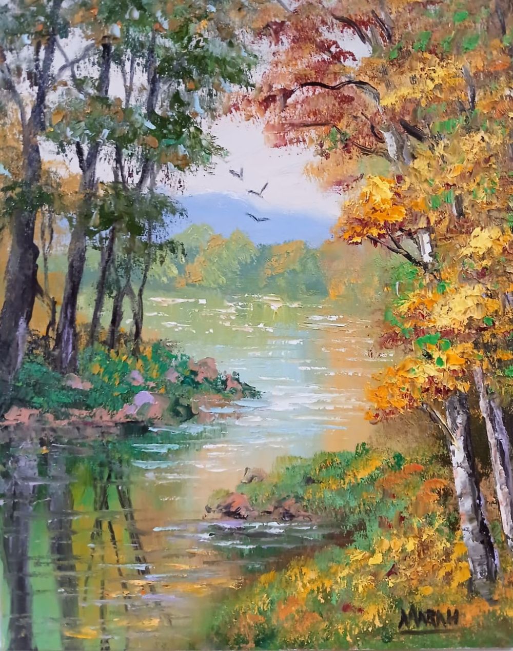 Quadro original "Luz que Dança Sobre as Águas" — Paisagens, Óleo sobre tela, 24 x 30 cm, pintado à mão por Marah Silva