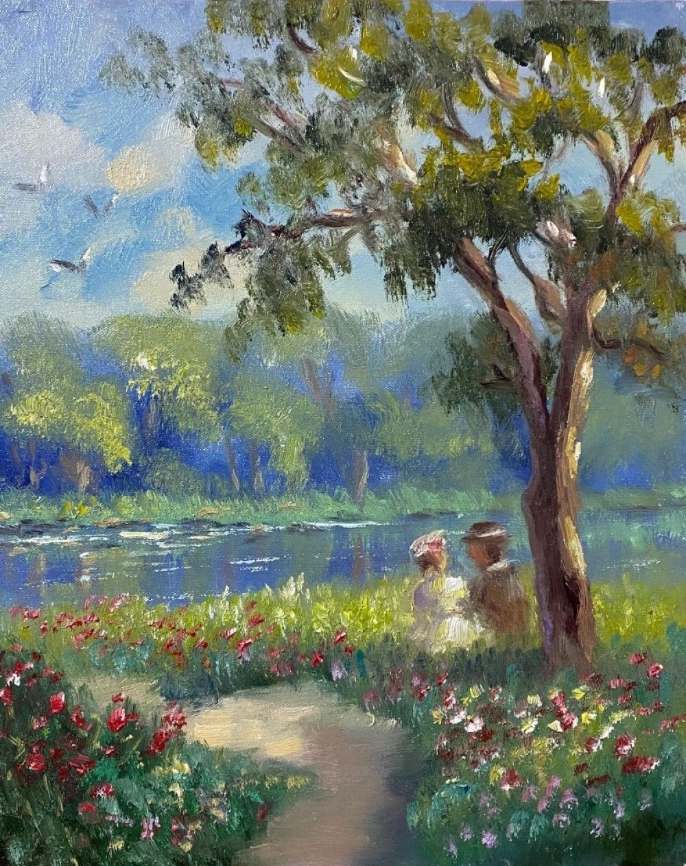 Quadro original "Sob a Sombra Serena" — Impressionismo, Óleo sobre tela, 24 x 30 cm, pintado à mão por Marah Silva