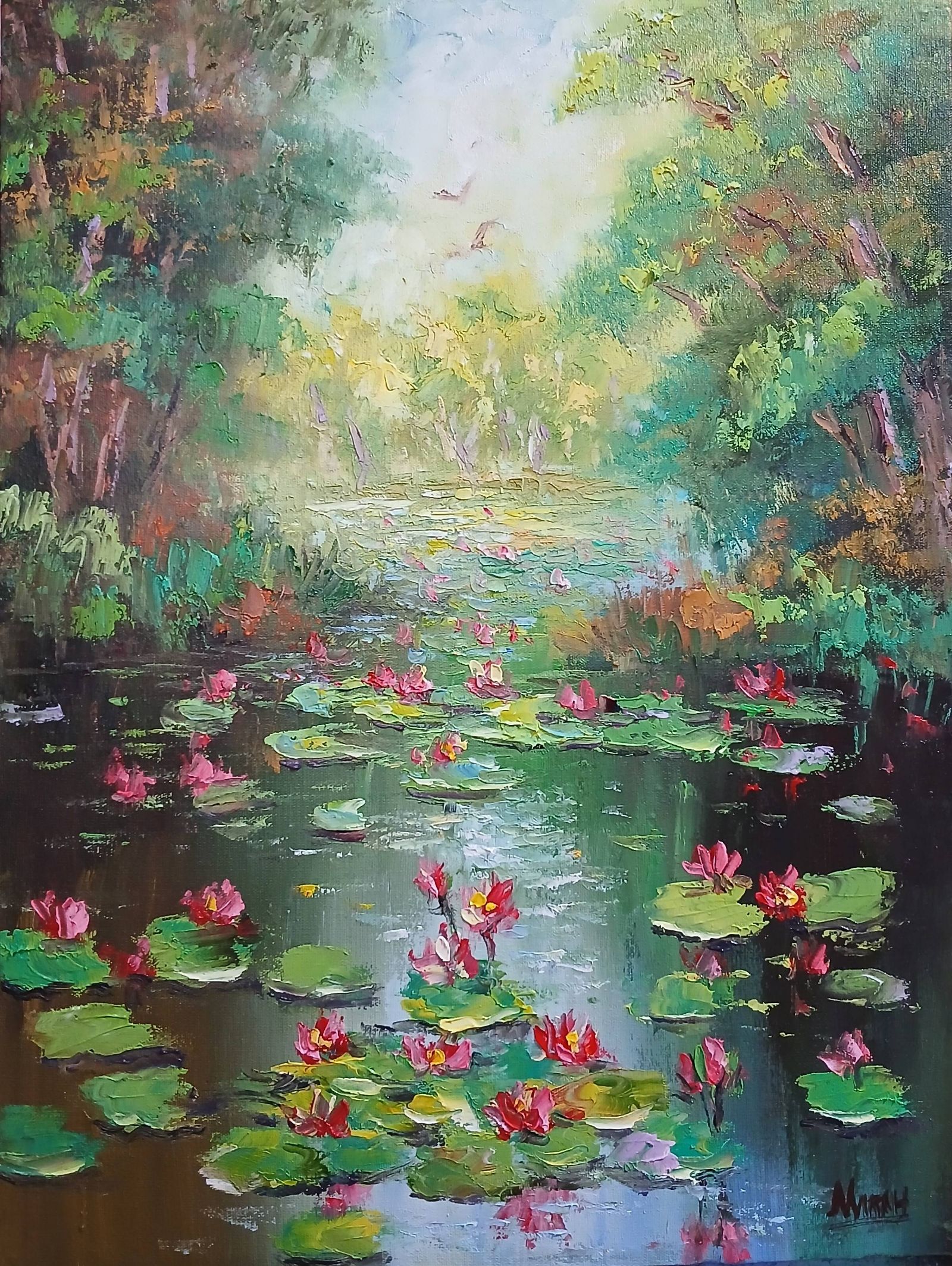 Quadro original "Florescer Sereno no Lago" — Impressionismo, Espatulado a óleo sobre tela, 30 x 40 cm, pintado à mão por Marah Silva