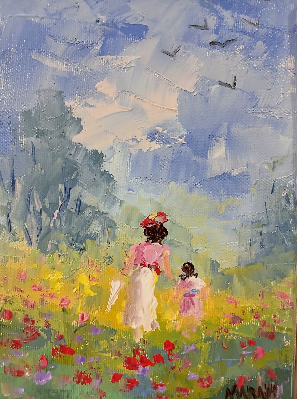 Quadro original "Mãe e filha" — Impressionismo, Óleo sobre tela, 16 x 22 cm, pintado à mão por Marah Silva