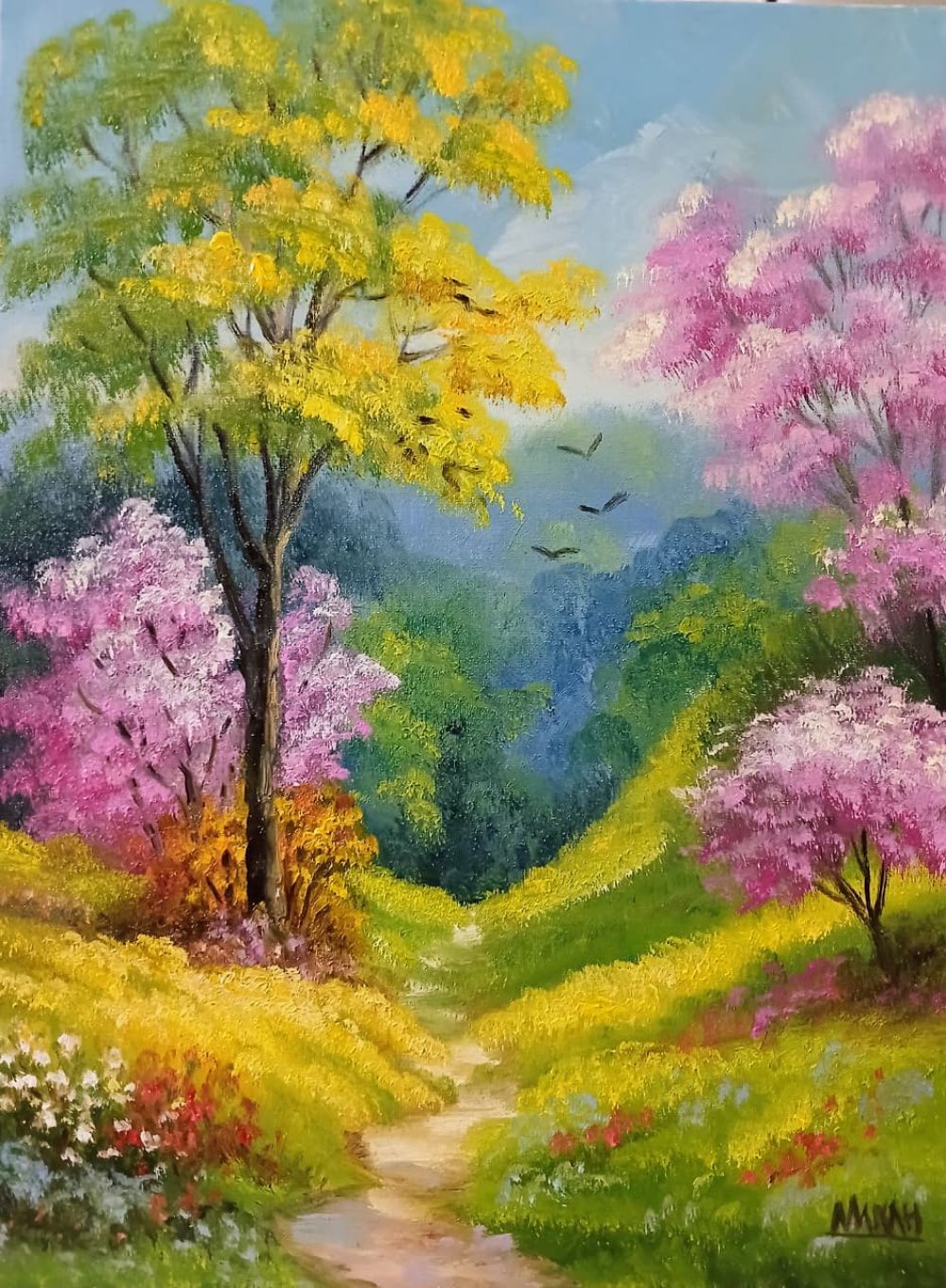 Quadro original "Vale Florido da Primavera" — Paisagens, Óleo sobre tela, 30 x 40 cm, pintado à mão por Marah Silva