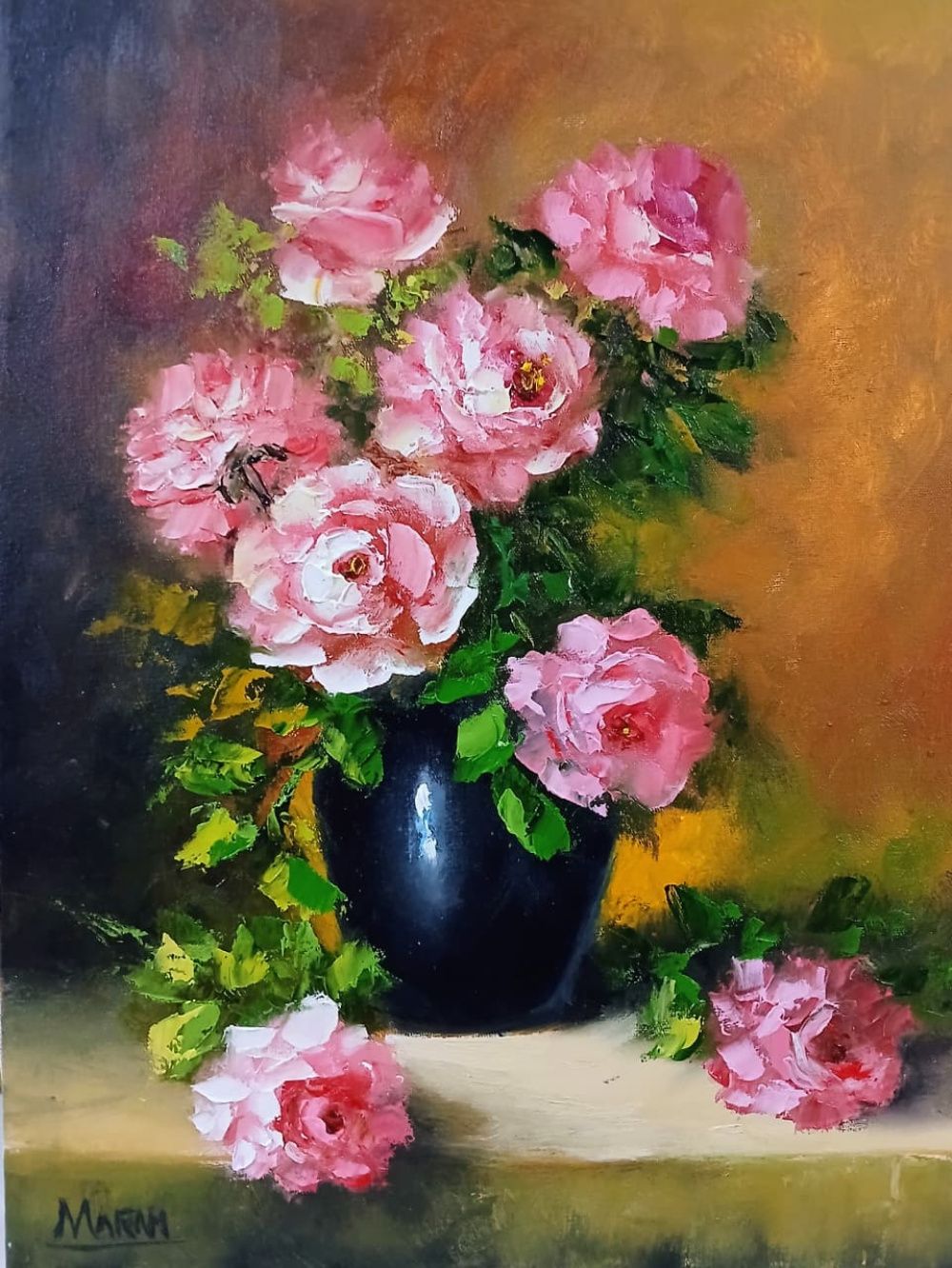 Quadro original "Rosas do Entardecer" — Florais, Óleo sobre tela, 30 x 40 cm, pintado à mão por Marah Silva