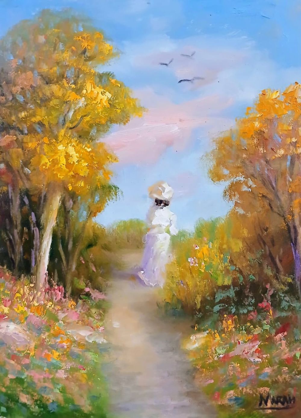 Quadro original "Doce Caminho do Outono" — Impressionismo, Óleo sobre tela, 30 x 40 cm, pintado à mão por Marah Silva