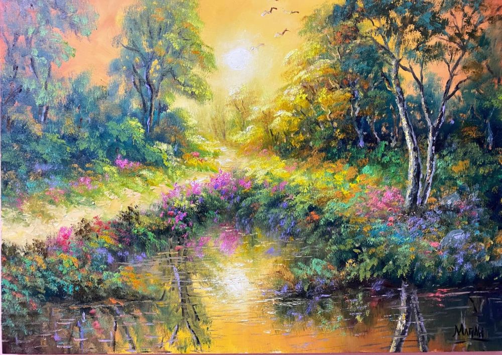 Quadro original "Alvorada no Riacho" — Paisagens, Óleo sobre tela, 70 x 50 cm, pintado à mão por Marah Silva