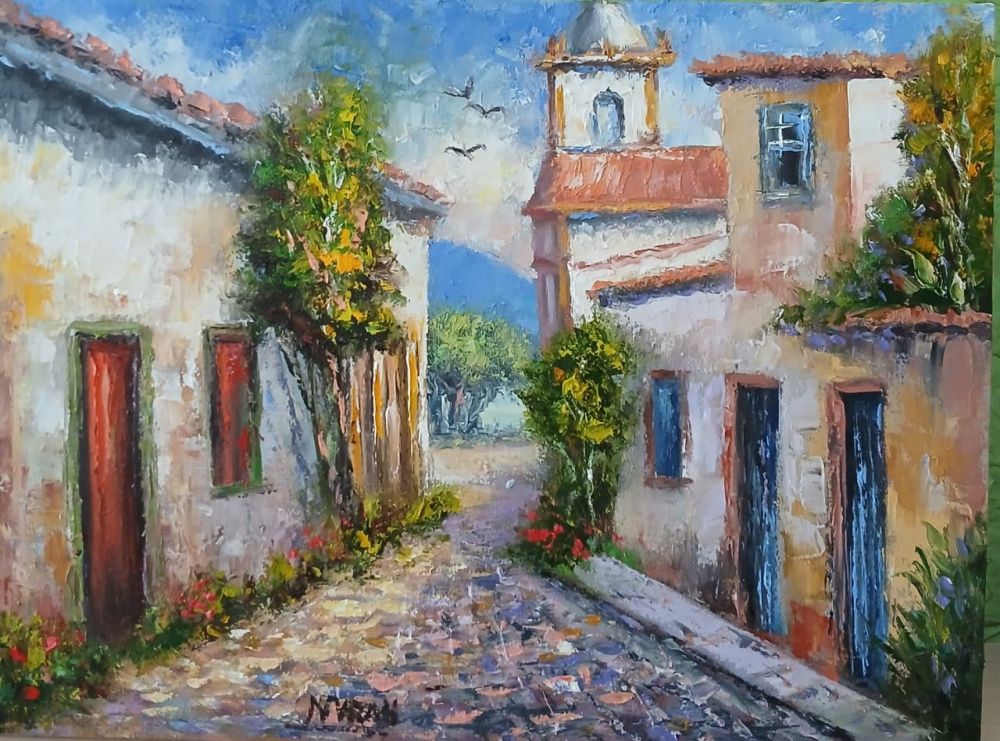 Quadro original "Rua da Igreja" — Paisagens, Óleo sobre tela, 40 x 30 cm, pintado à mão por Marah Silva