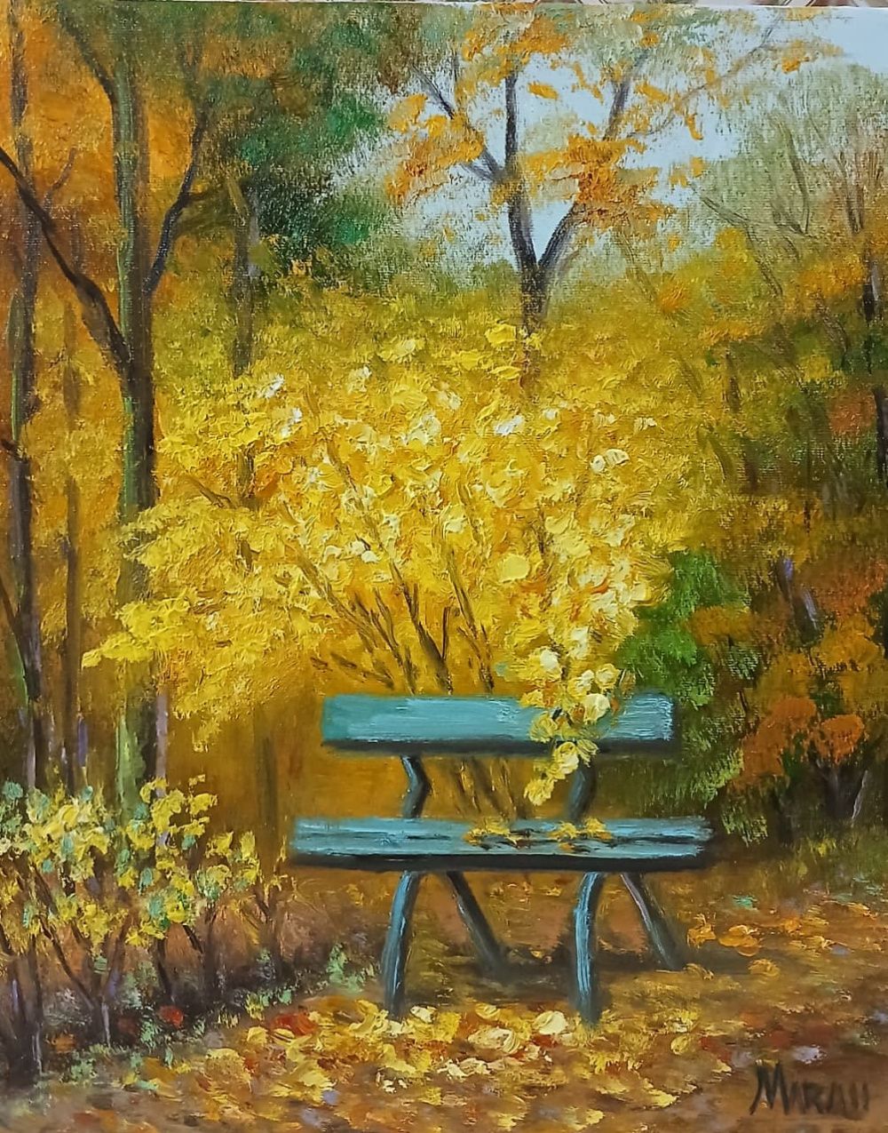 Quadro original "Banco sob Folhas Douradas" — Paisagens, Óleo sobre tela, 24 x 30 cm, pintado à mão por Marah Silva
