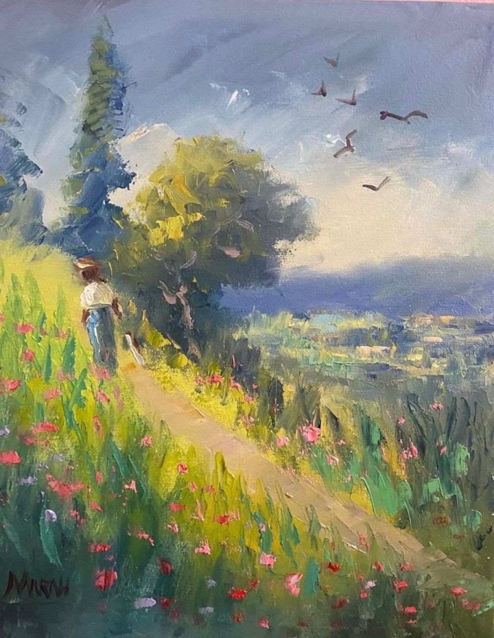 Quadro original "Caminho Florido e Céu" — Impressionismo, Óleo sobre tela, 24 x 30 cm, pintado à mão por Marah Silva
