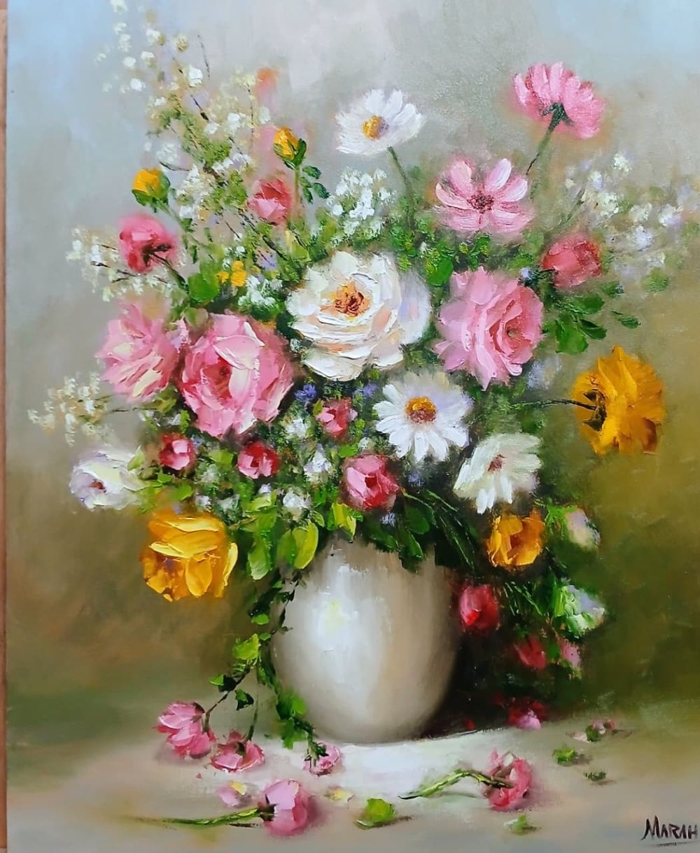 Quadro original "Rosa e Ouro" — Florais, Óleo sobre tela, 40 x 50 cm, pintado à mão por Marah Silva