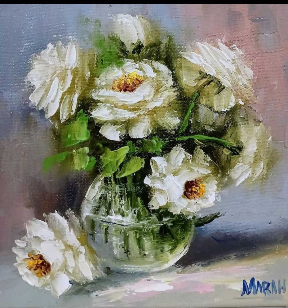 Quadro original "Pureza Serena" — Florais, Óleo sobre tela, 20 x 20 cm, pintado à mão por Marah Silva