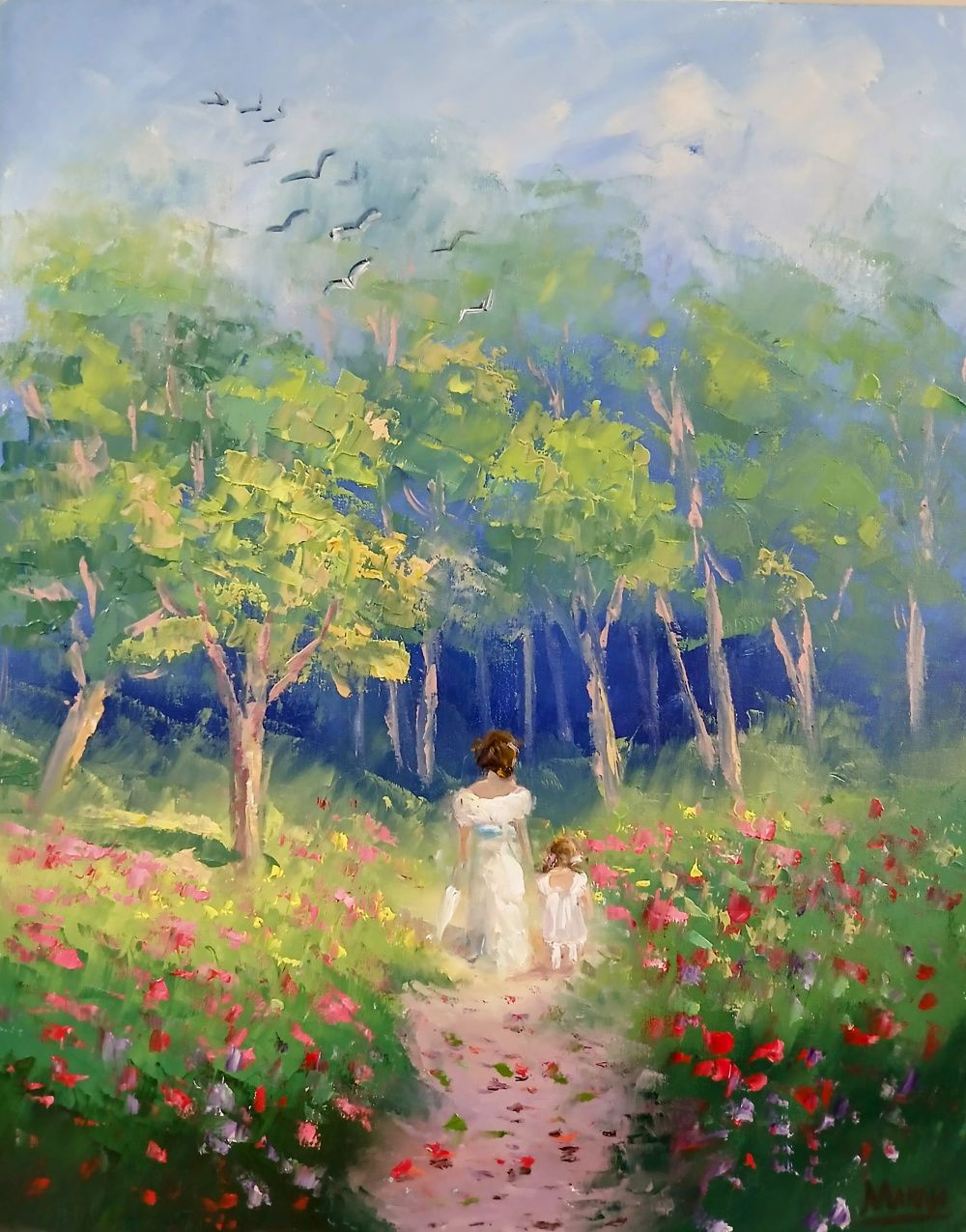 Quadro original "Caminho da Inocência" — Impressionismo, Óleo sobre tela, 40 x 50 cm, pintado à mão por Marah Silva