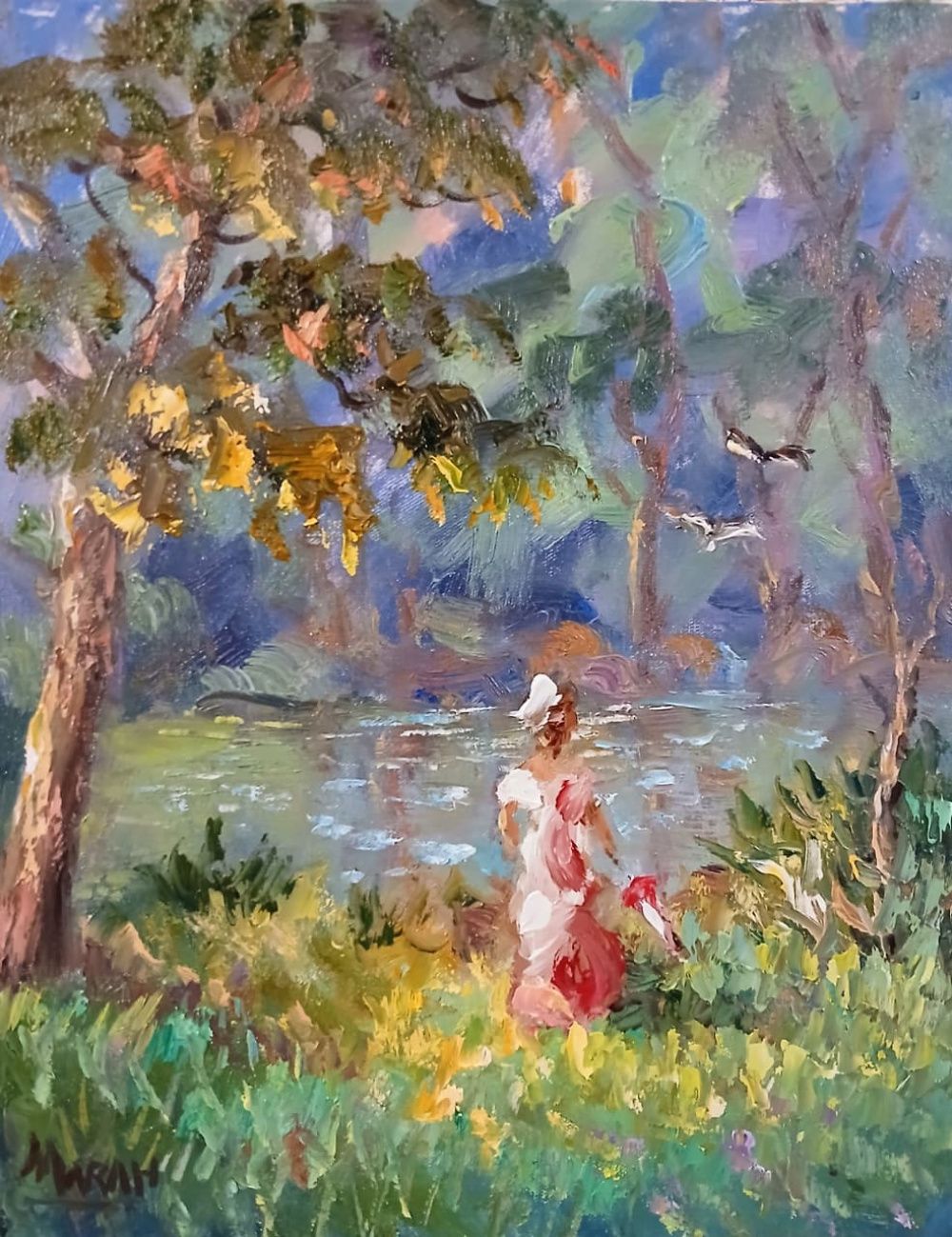 Quadro original "Tarde no Lago" — Impressionismo, Óleo sobre tela, 24 x 30 cm, pintado à mão por Marah Silva