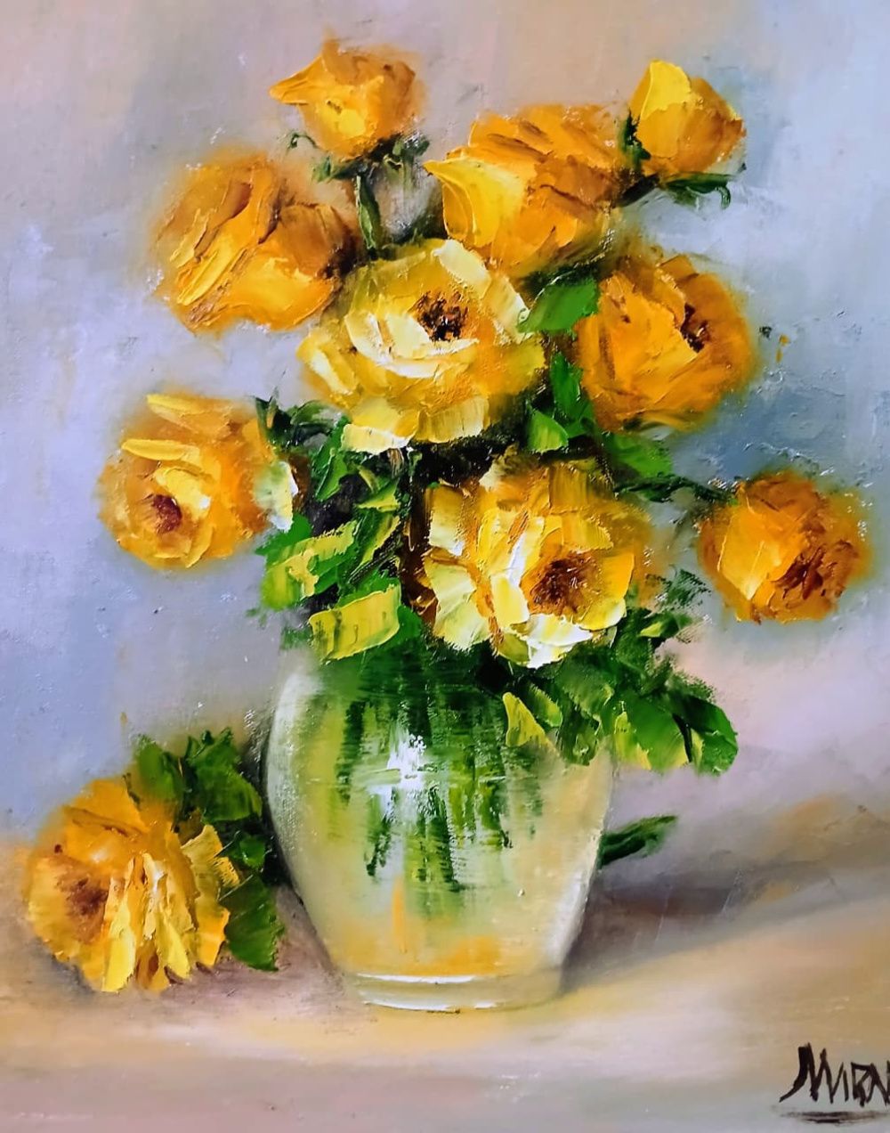 Quadro original "Rosas de Sol" — Florais, Óleo sobre tela, 24 x 30 cm, pintado à mão por Marah Silva