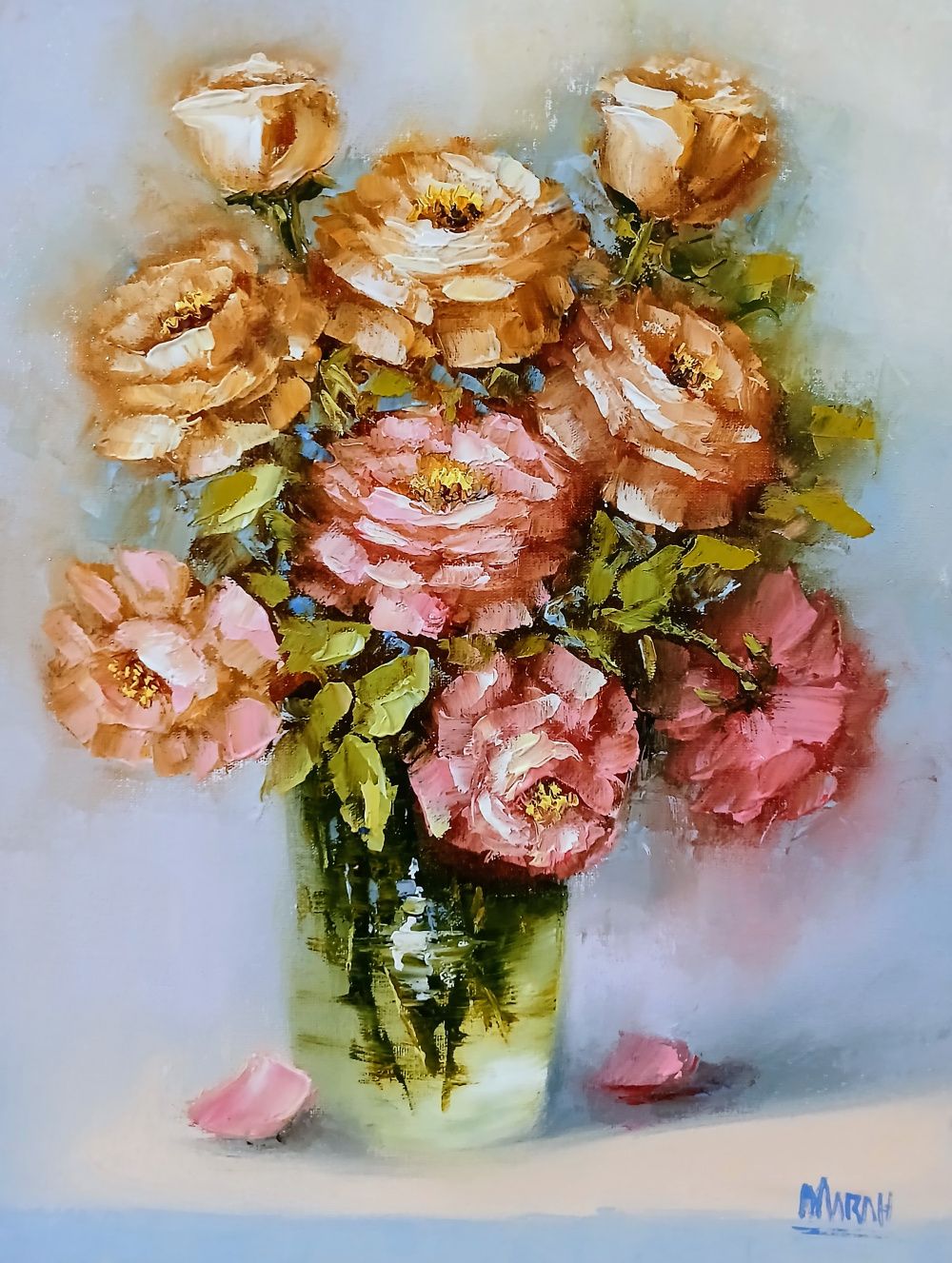 Quadro original "Rosas champanhe e rose" — Florais, Óleo sobre tela, 30 x 40 cm, pintado à mão por Marah Silva