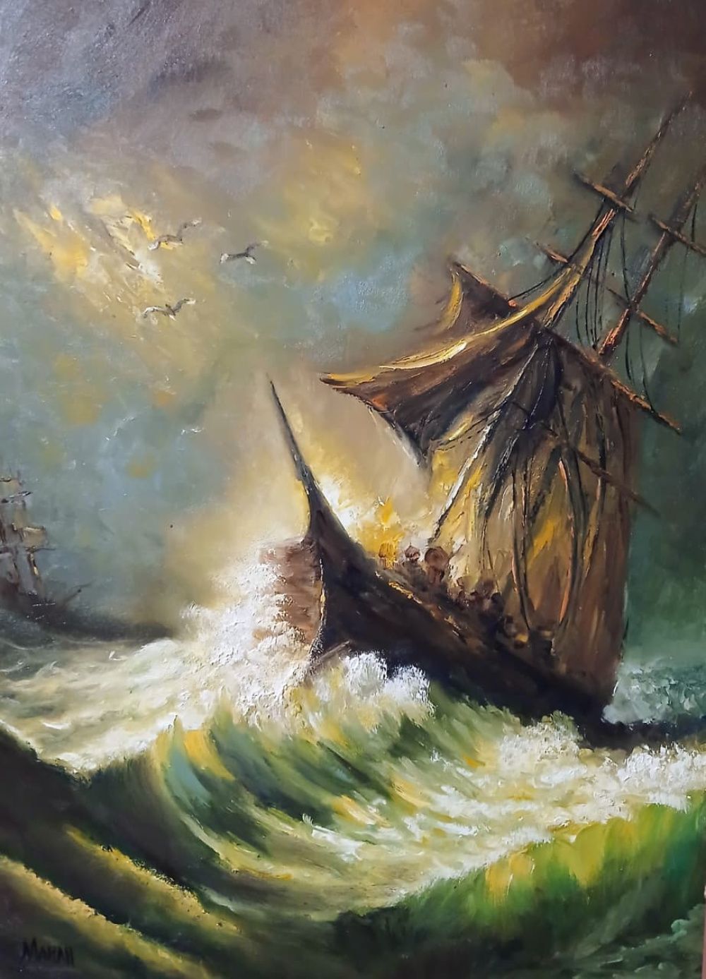 Quadro original "Onda Implacável" — Marinhas, Óleo sobre tela, 50 x 70 cm, pintado à mão por Marah Silva