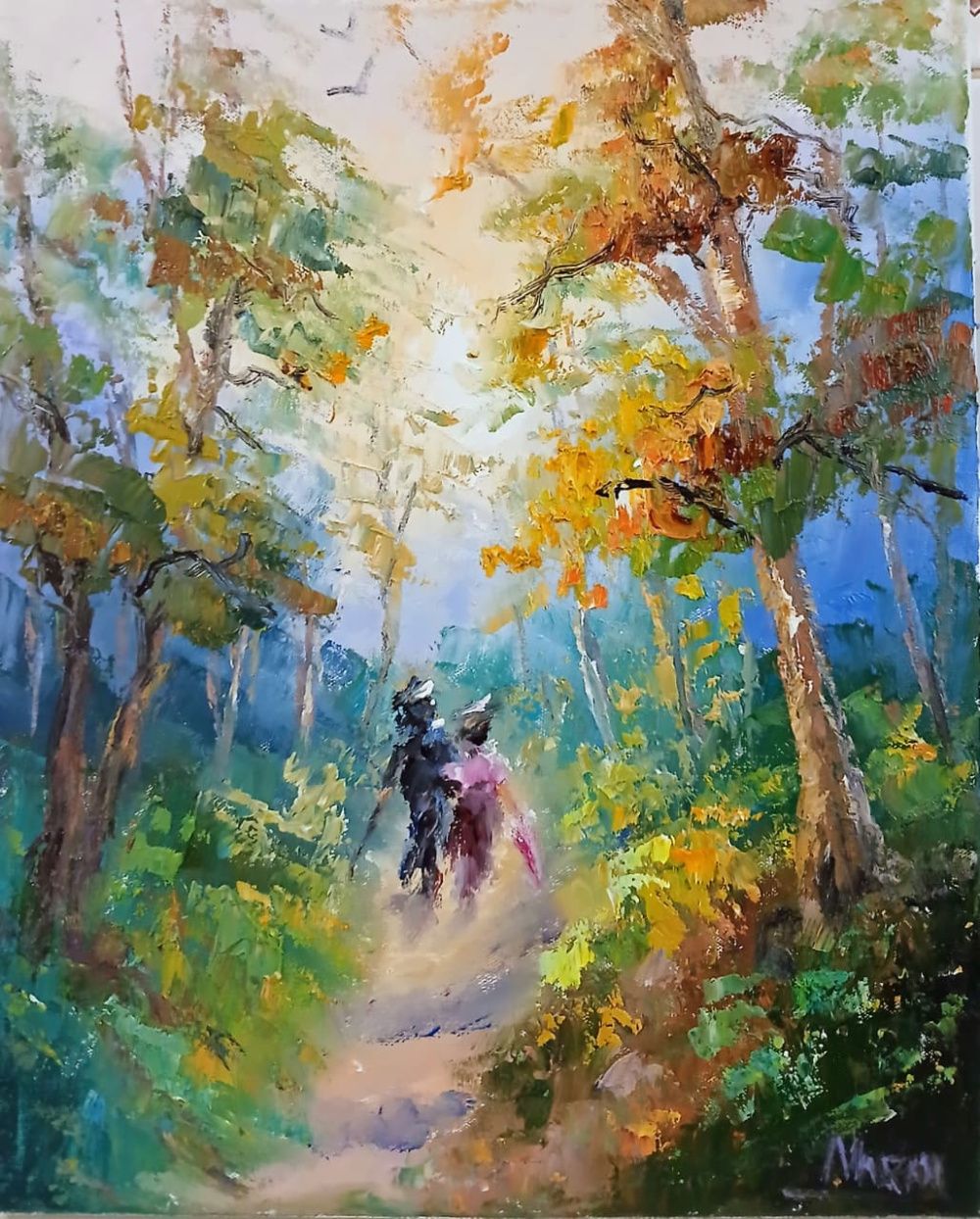 Quadro original "Caminho na Floresta" — Impressionismo, Óleo sobre tela, 24 x 30 cm, pintado à mão por Marah Silva