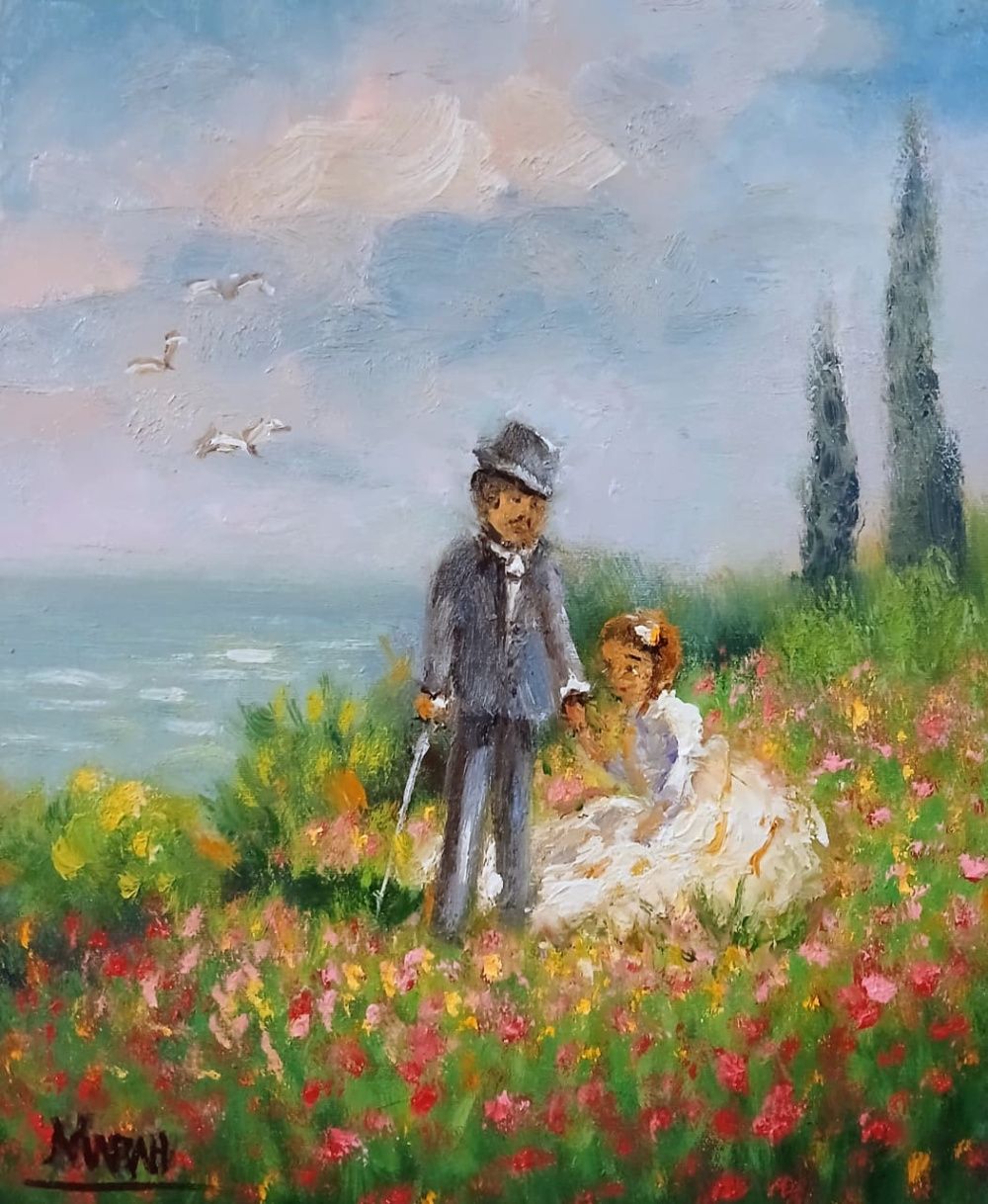 Quadro original "O Passeio nas Falésias" — Impressionismo, Óleo sobre tela, 24 x 30 cm, pintado à mão por Marah Silva