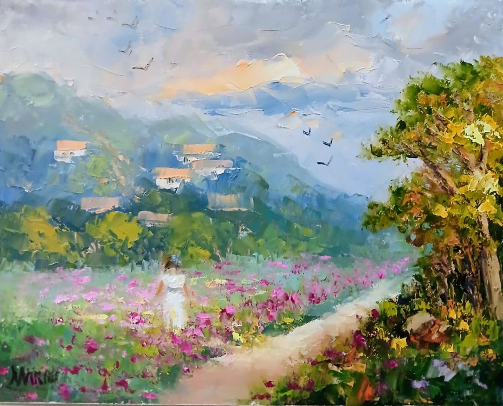 Quadro original "Campo de Flores" — Impressionismo, Óleo sobre tela, 30 x 24 cm, pintado à mão por Marah Silva