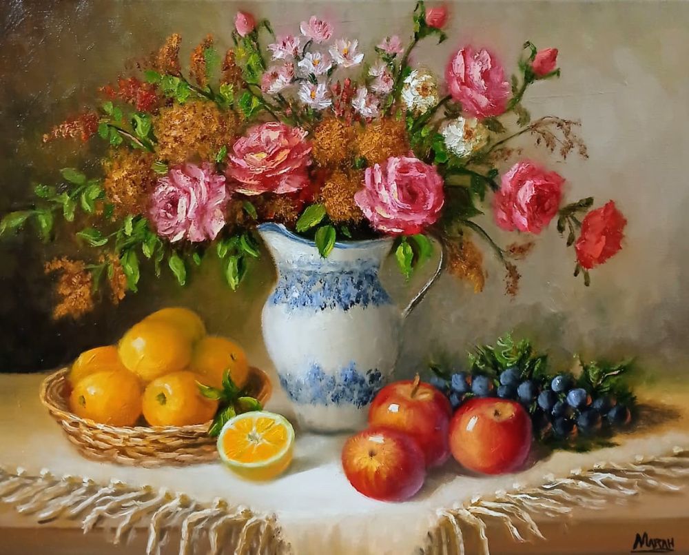Quadro original "Harmonia da Colheita" — Natureza-Morta, Óleo sobre tela, 50 x 40 cm, pintado à mão por Marah Silva